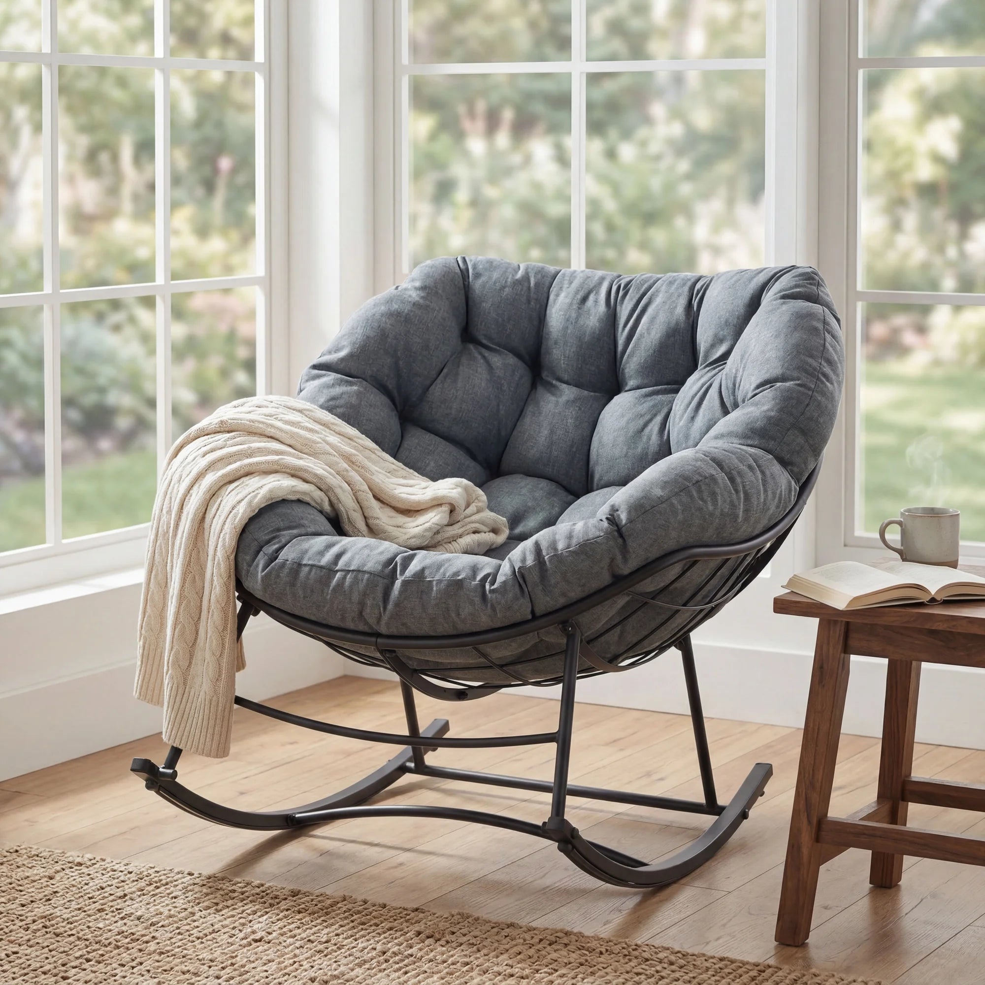 EDX Indoor Outdoor Papasan Rocking Chair,Oversized Padded Egg Chair with Cushion,450 lbs Capacity, Anti-Slip Quiet Rocker for Bedroom Living Room Balcony Garden, 48"D x 44"W x 36"H