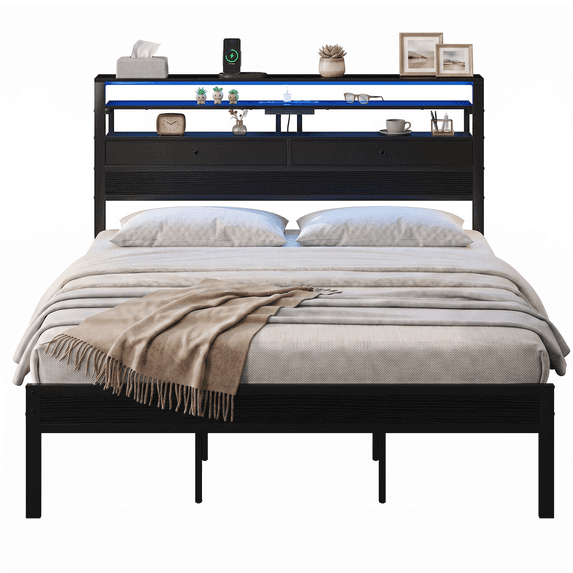 EDX Bed Frame with 2 Drawers and 3-tier Shelves, Platform Bedframe with Charging Station & LED Lights, No Box Spring Needed