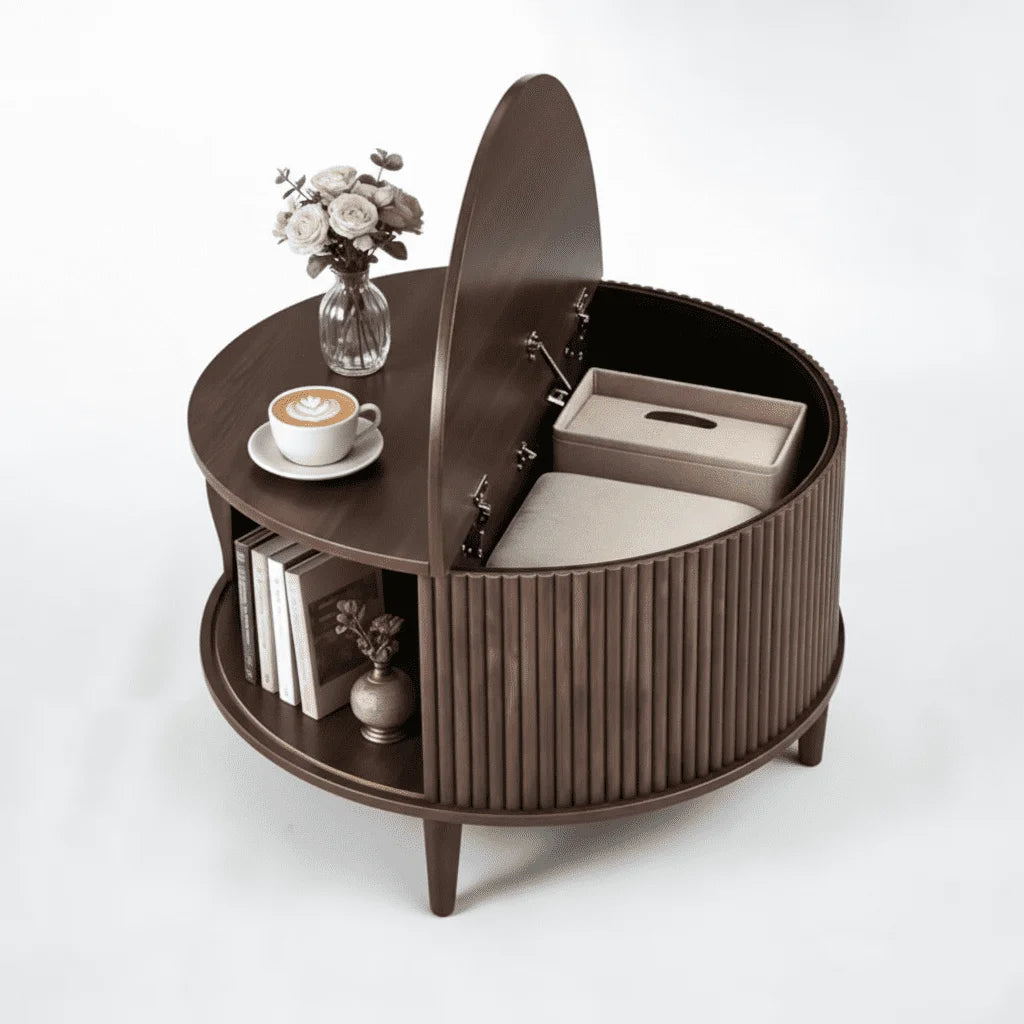 EDX Modern Round Coffee Table for Living Room, 31" Fluted Center Table with Sliding Doors Storage, Mid-Century Style for Small Spaces