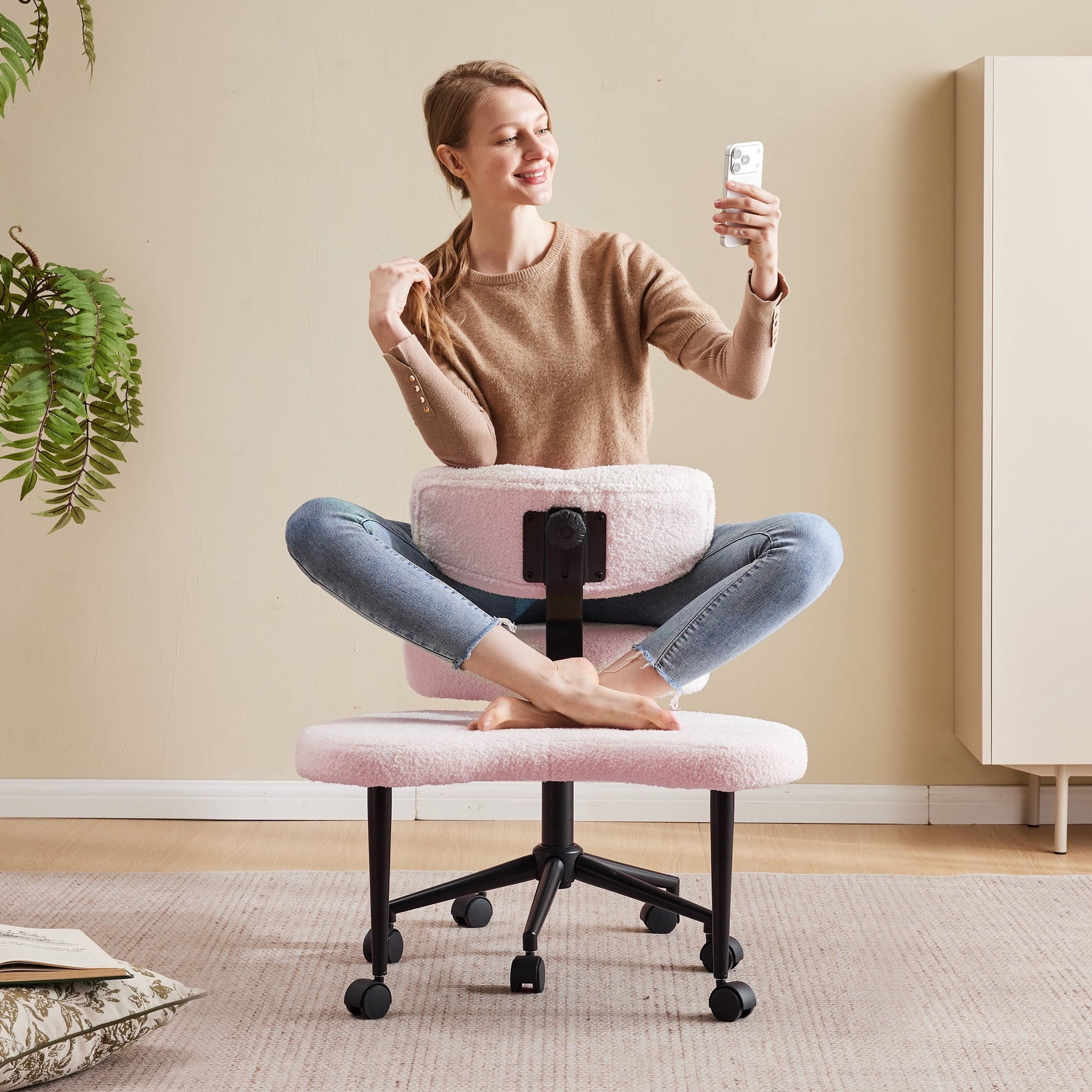 edx Ergonomic Cross Legged Swivel Chair with Back Support, Adjustable Height Meditation Chair, 360° Rotating Footrest, Rolling Office Floor Chair