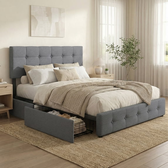 edx Bed Frame with 4 Drawers & Velvet Upholstered Headboard, Platform Bed with Storage & Solid Wood Support, No Box Spring, Gray