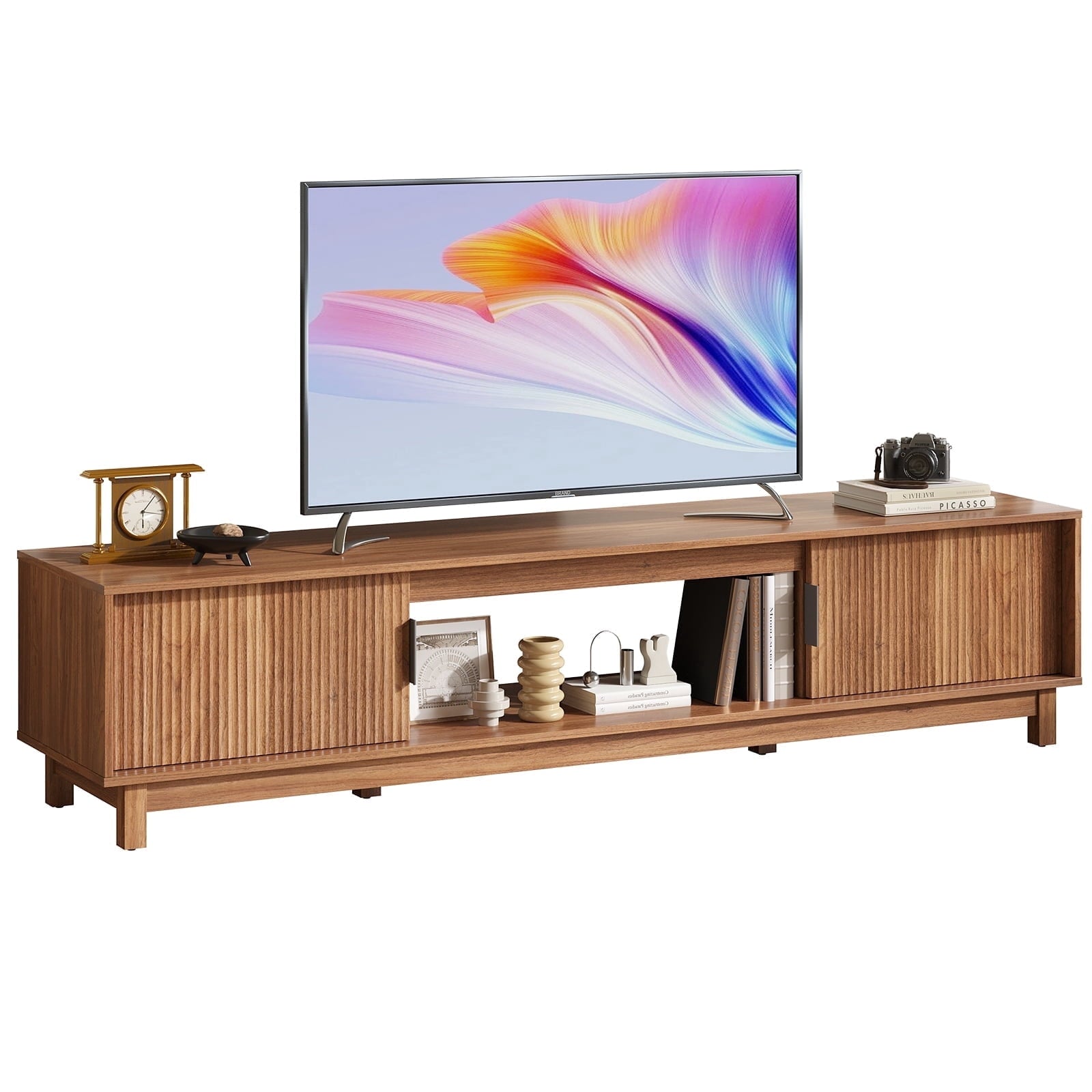 EDX Rattan TV Stand for 70" TV with Cabinets and Shelves