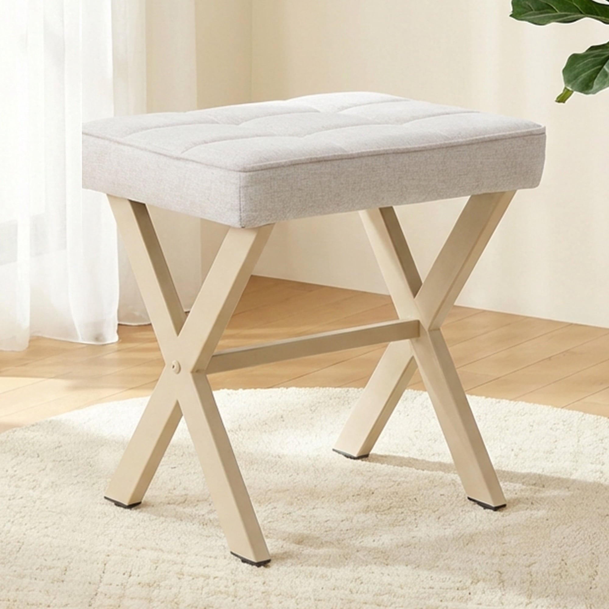 EDX Square Linen Makeup Stool, Metal X Legs, Small Ottoman Stool Chair for Vanity, Modern Padded Seat Foot Rest for Makeup Room, Bathroom