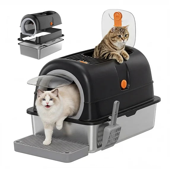 EDX Stainless Steel Litter Box with Lid, All-in-One Enclosed Cat Box, Dual Entry, Odor Control, Scoop & Step Board for Various Cats, XL Litter Pan