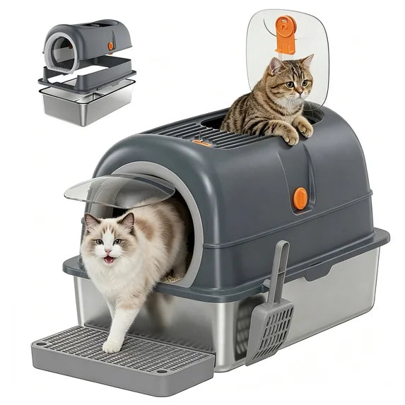 EDX Stainless Steel Litter Box with Lid, All-in-One Enclosed Cat Box, Dual Entry, Odor Control, Scoop & Step Board for Various Cats, XL Litter Pan