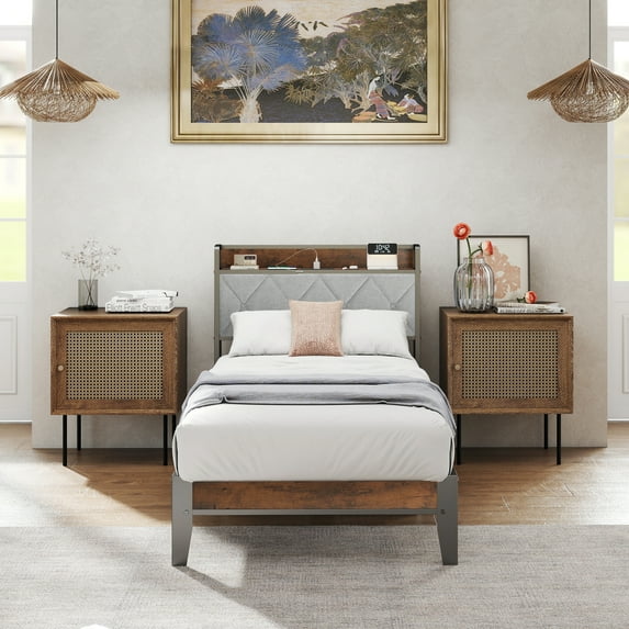 EDX Bed Frame with Headboard Integrated Charging Station, Spacious Underbed Storage,Simple No-Tool Assembly, No Box Spring Required