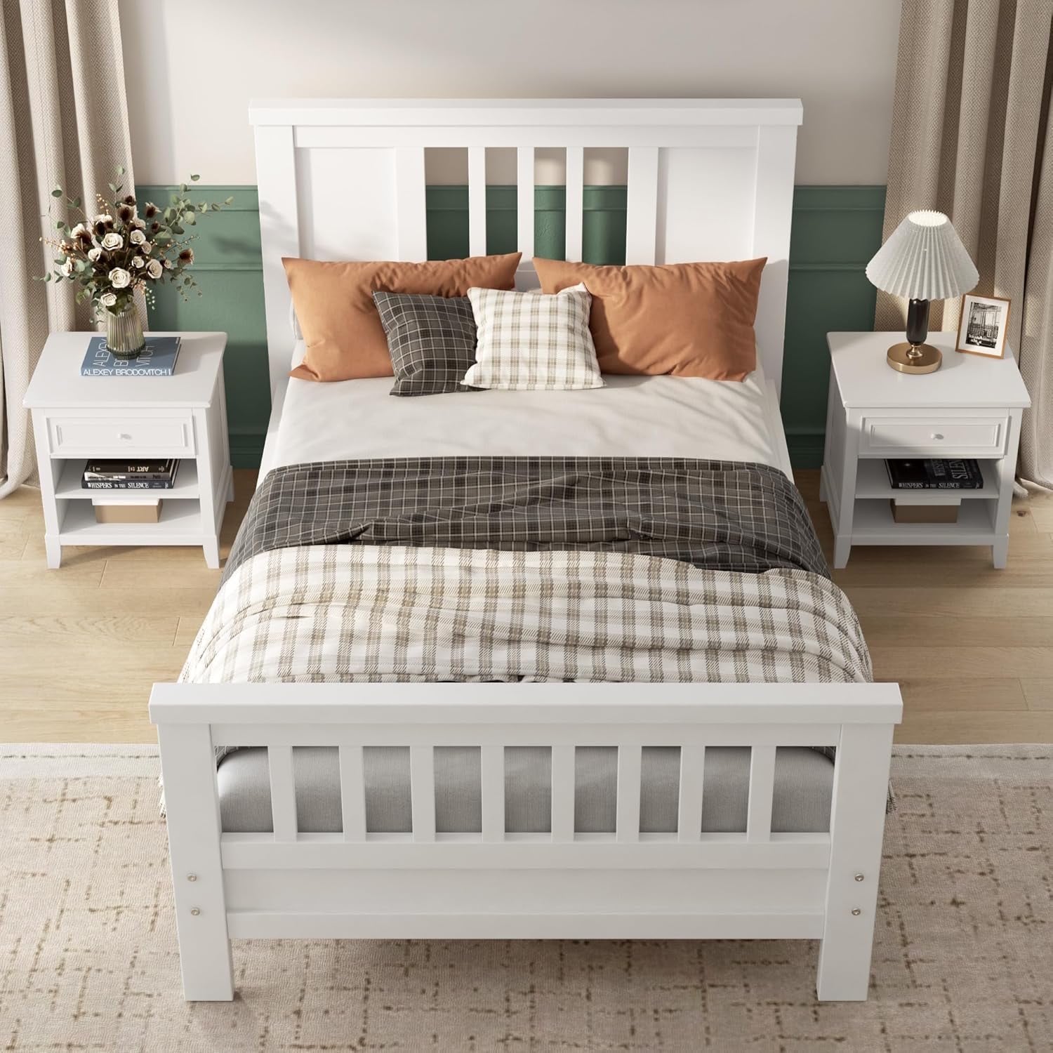edx Twin Bed with Headboard, Solid Wood Platform Bed, Twin Size Bed Frame with Sturdy Wood Slats Support, White - No Box Spring Required