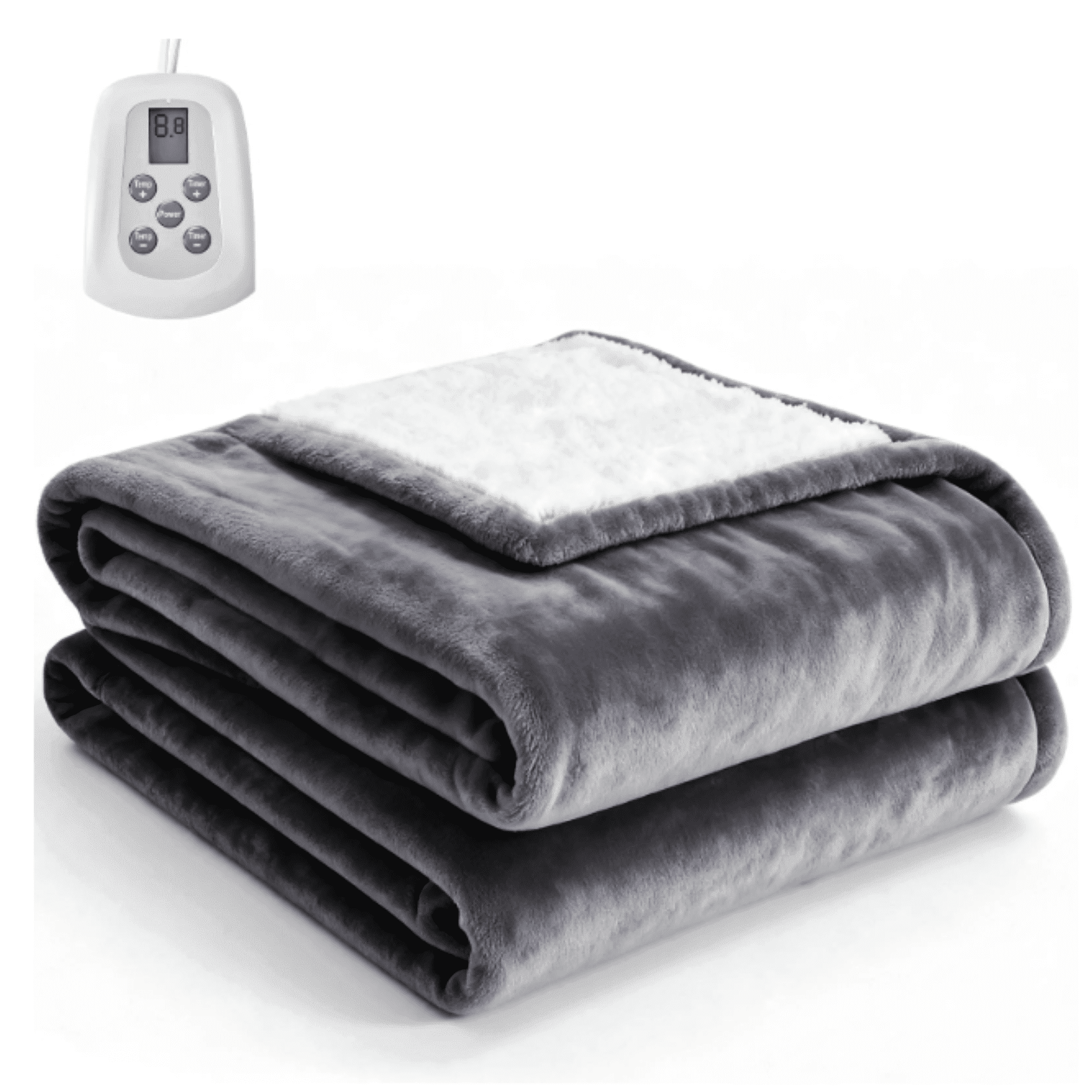 EDX Electric Heated Blanket, Dual-Side Heating with 10 Temp Levels, 12H Timer & Auto Shut-Off, Machine Washable Flannel & Sherpa, Grey