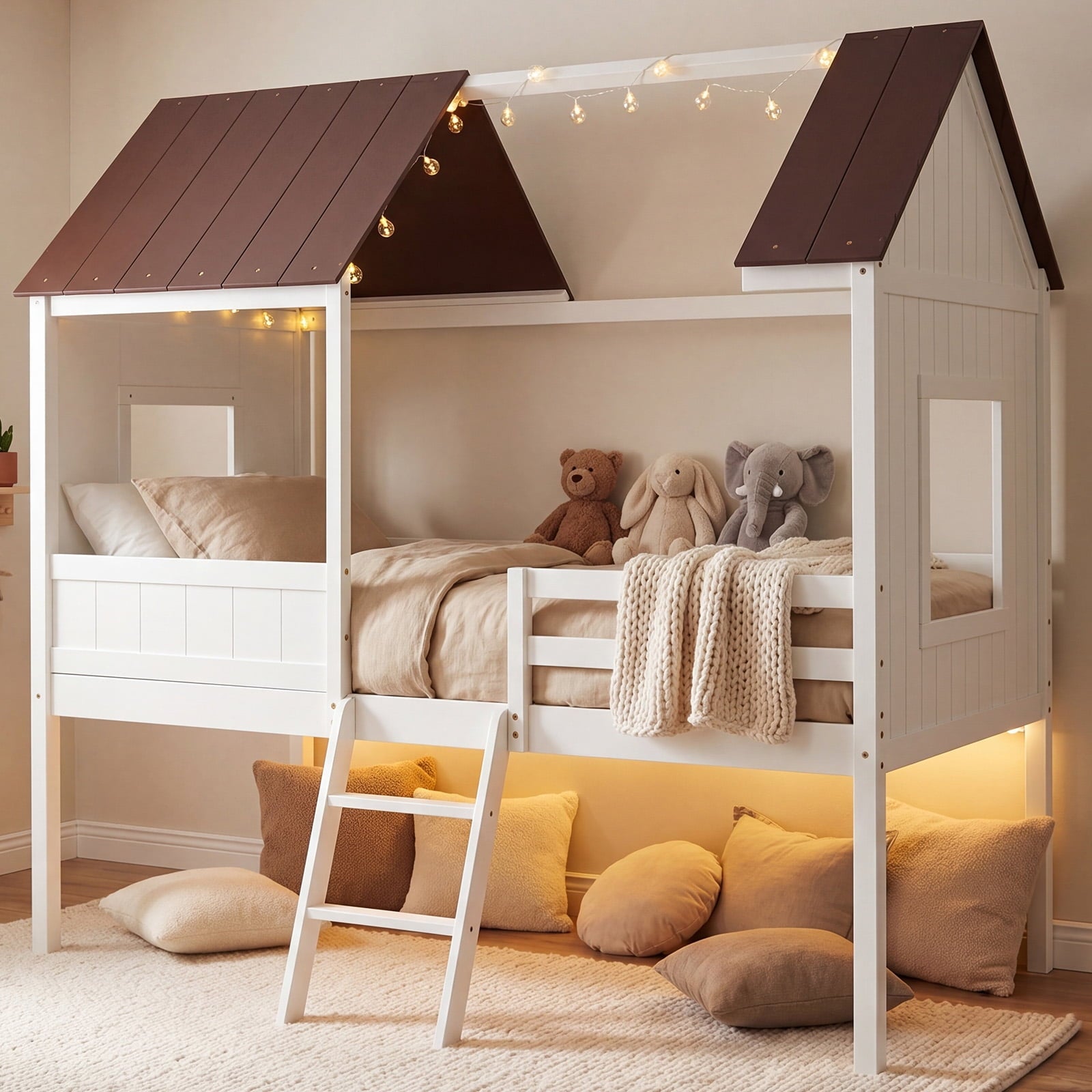EDX Twin Size High-legged Wood House Bed with Roof, Ladder, for Bedroom, White