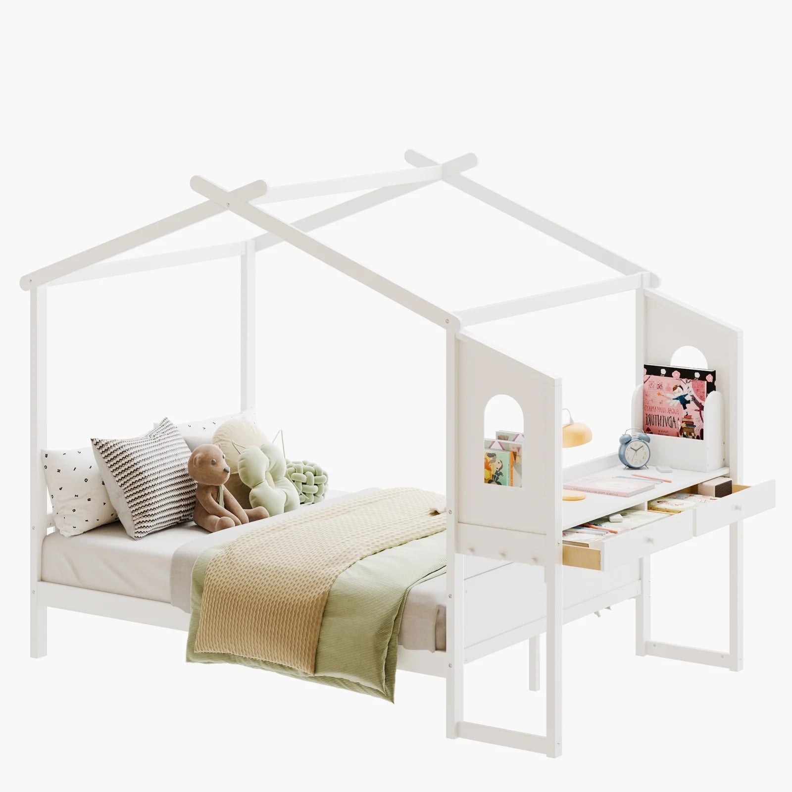 EDX Twin Size Wood Bed Frame with Side Table , Playhouse Platform Bed Wooden House with House Roof Frame,Fence Guardrail ,Easy Assembly,White