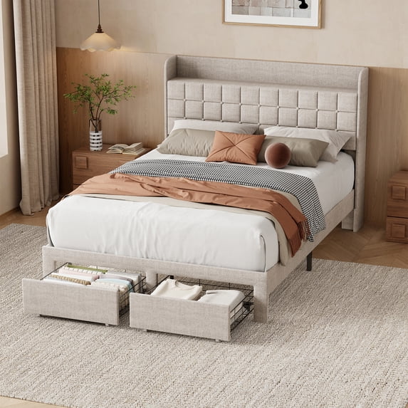 EDX Upholstered Platform Bed Frame with Storage Drawers and Fabric Headboard, Steel Support Frame