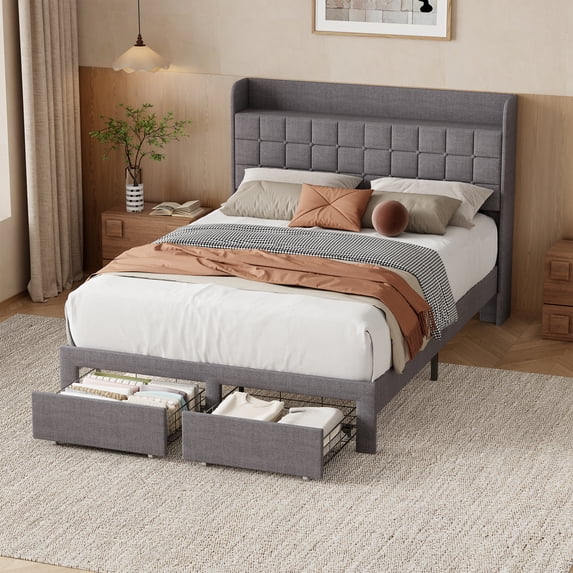 EDX Upholstered Platform Bed Frame with Storage Drawers and Fabric Headboard, Steel Support Frame
