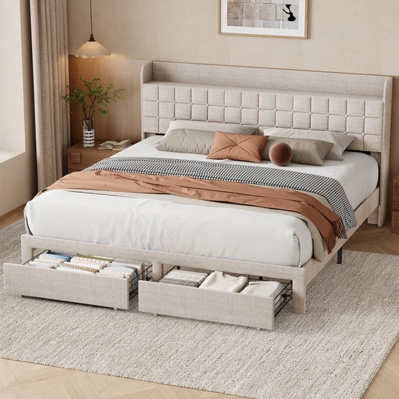 EDX Upholstered Platform Bed Frame with Storage Drawers and Fabric Headboard, Steel Support Frame