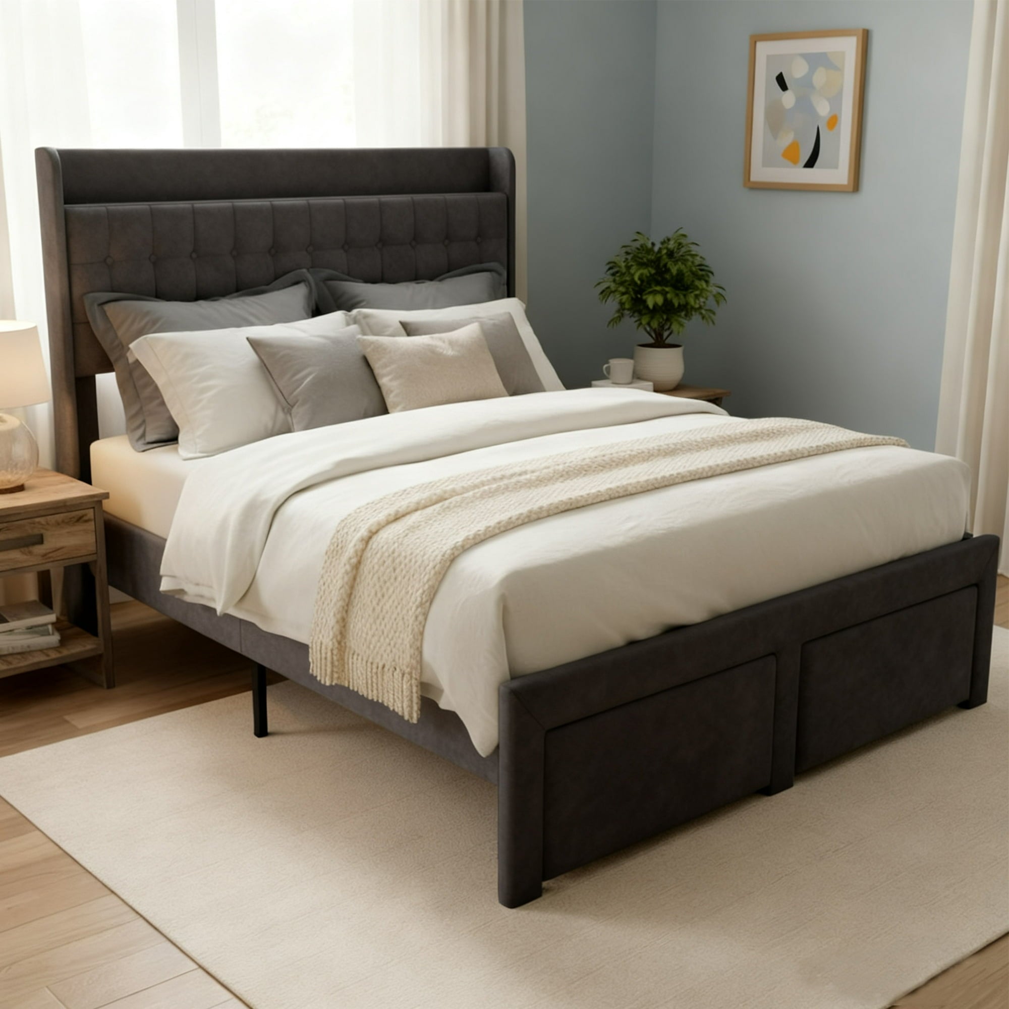EDX Upholstered Bed Frame with 2 Storage Drawers, Platform Bed with Headboard and Sturdy Metal Frame