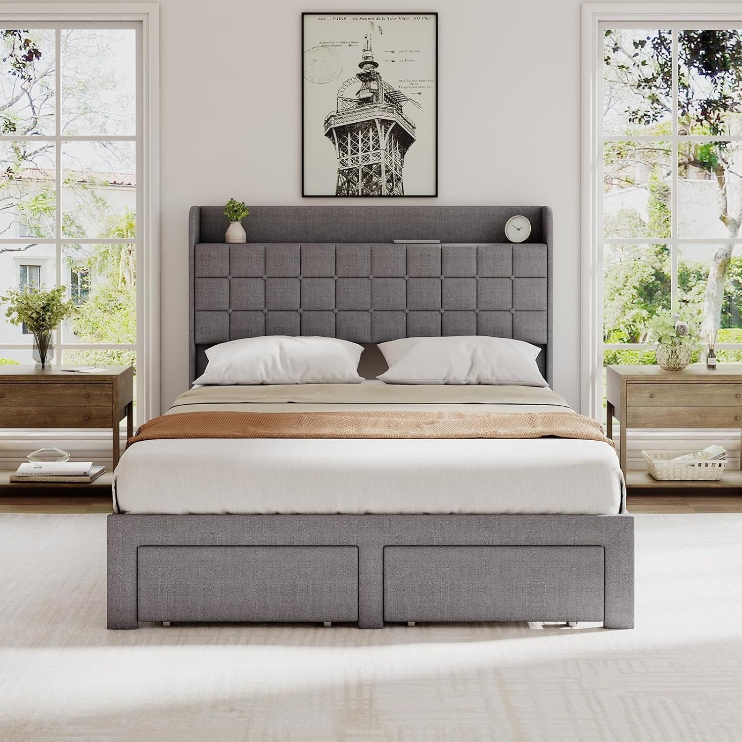 EDX Upholstered Bed Frame with Storage Drawers and Fabric Headboard, Steel Support Frame