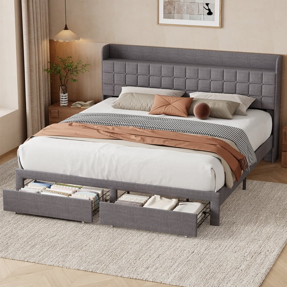 EDX Upholstered Platform Bed Frame with Storage Drawers and Fabric Headboard, Steel Support Frame