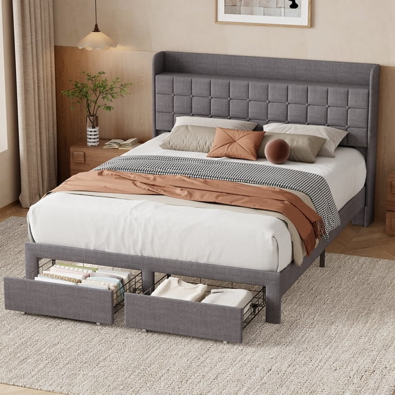 EDX Upholstered Platform Bed Frame with Storage Drawers and Fabric Headboard, Steel Support Frame