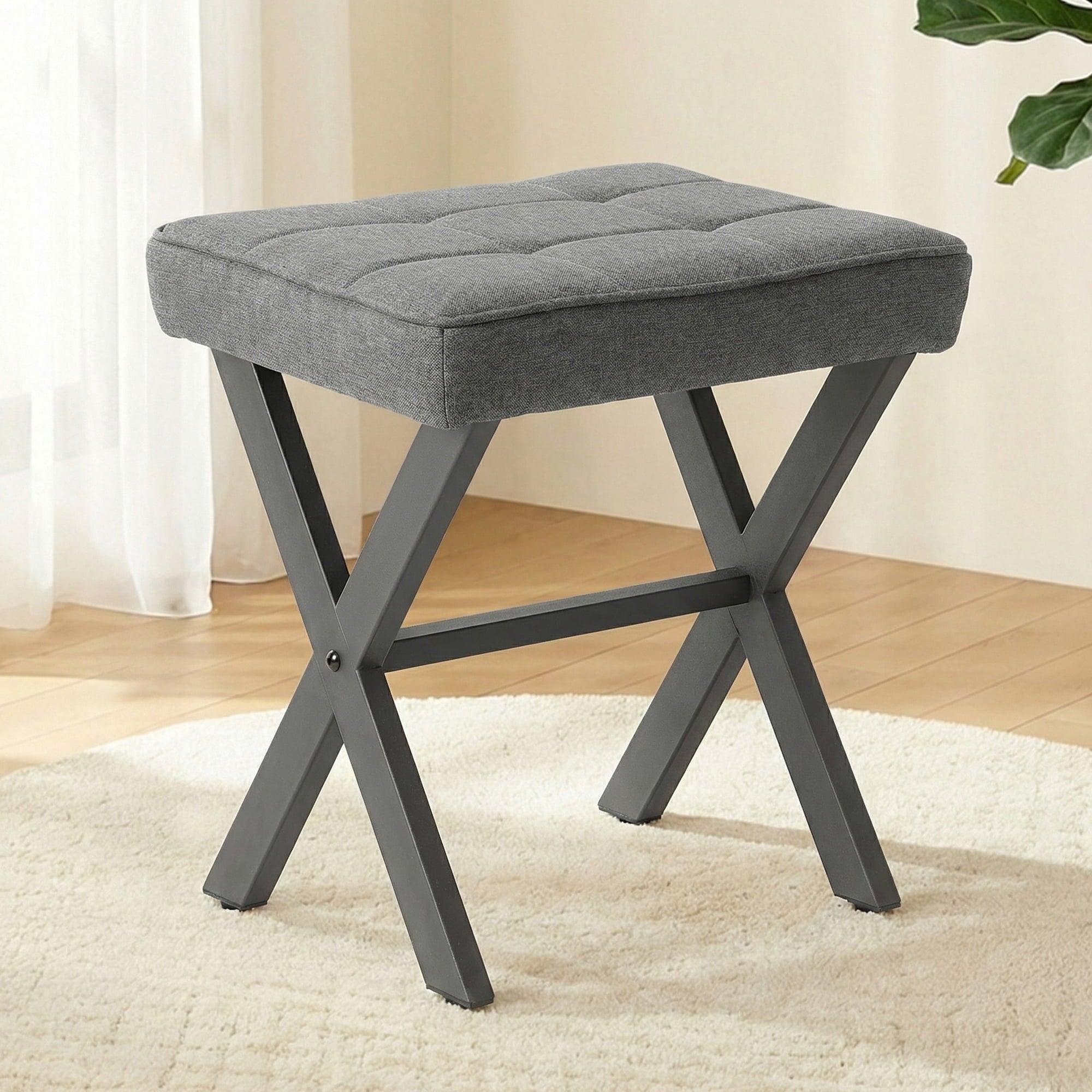 EDX Square Linen Makeup Stool, Metal X Legs, Small Ottoman Stool Chair for Vanity, Modern Padded Seat Foot Rest for Makeup Room, Bathroom