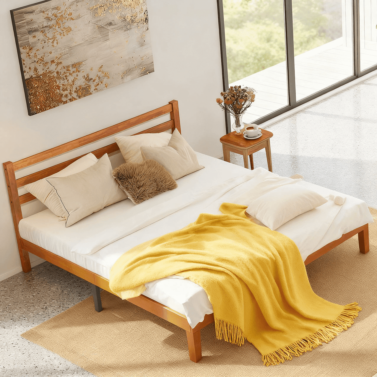 EDX Wood  Bed Frame with Headboard - Walnut Finish, Solid Wood Slat Support System, No Box Spring Required