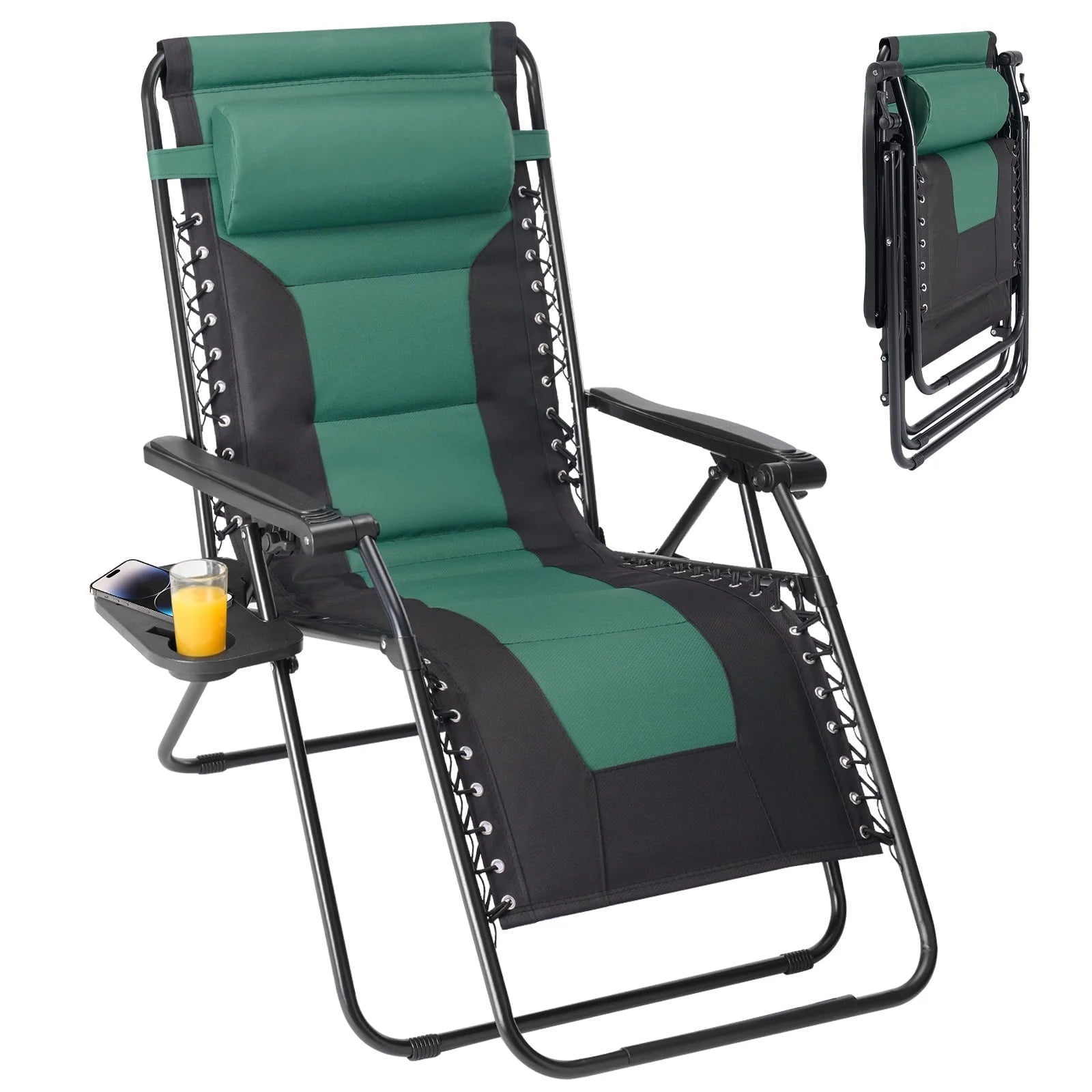 EDX Zero Gravity Chair XL Padded Folding Outdoor Recliner with Headrest & Cup Holder Tray, Adjustable 0–170°, Heavy Duty Steel Frame, Patio Lawn Beach Lounge Chair