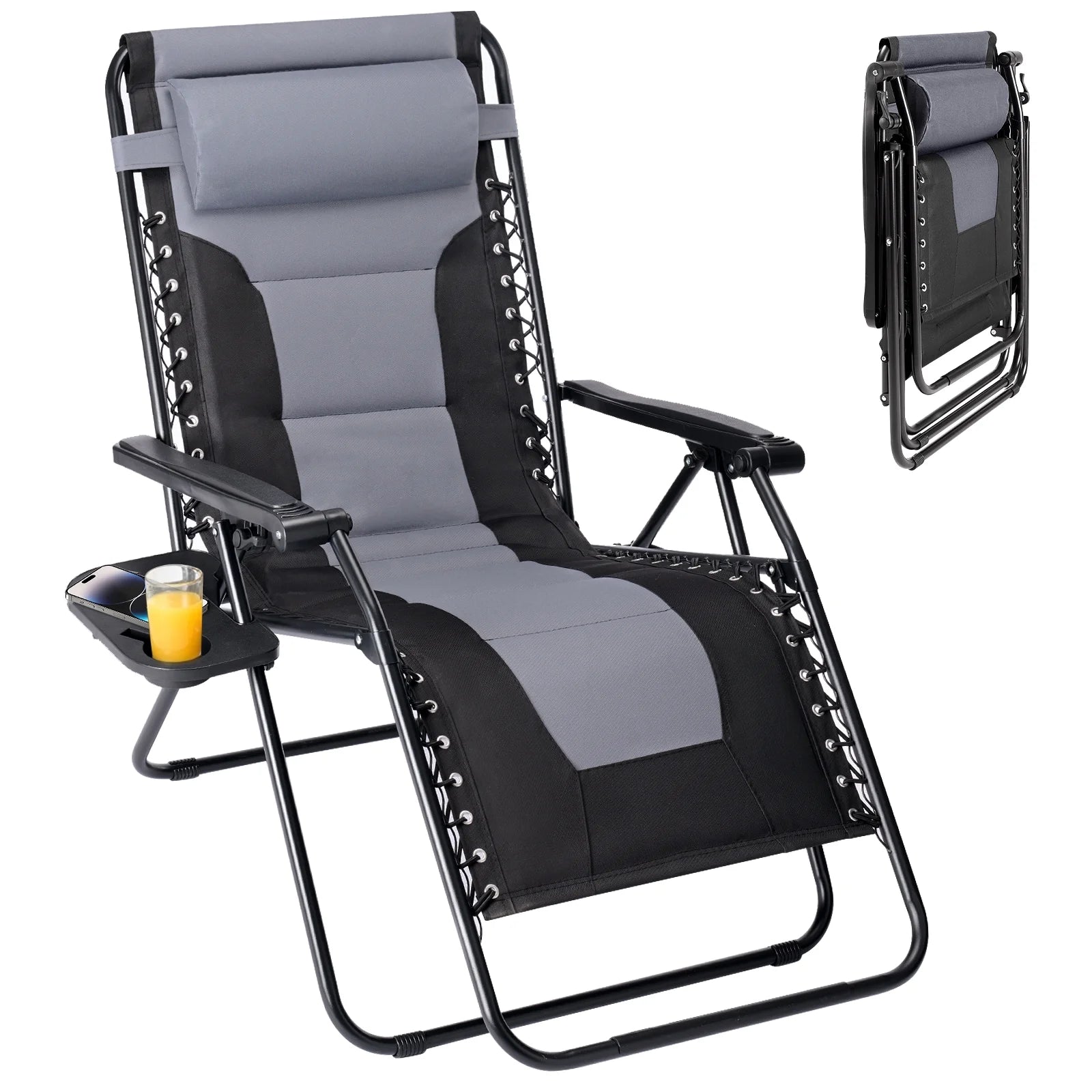 EDX Zero Gravity Chair XL Padded Folding Outdoor Recliner with Headrest & Cup Holder Tray, Adjustable 0–170°, Heavy Duty Steel Frame, Patio Lawn Beach Lounge Chair