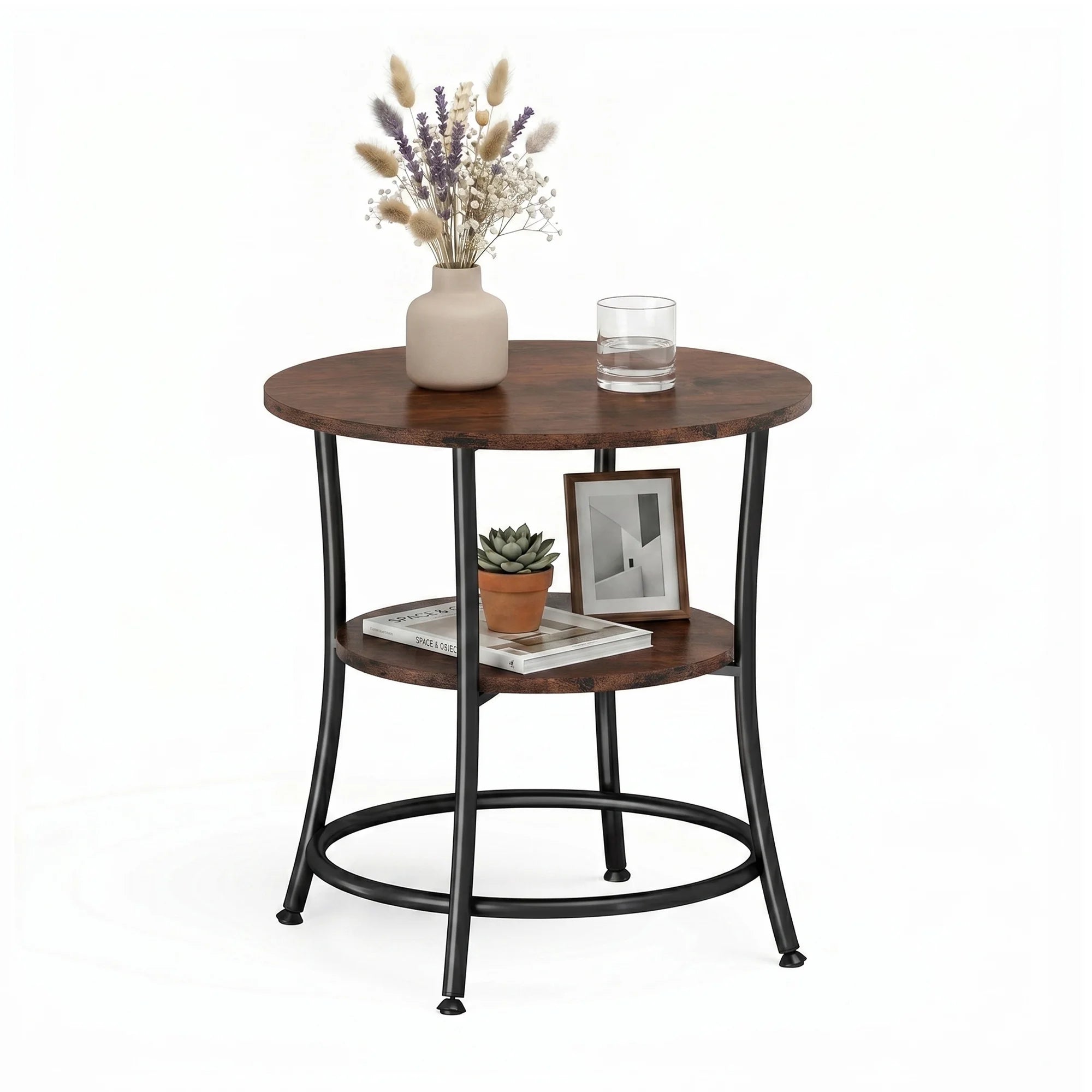 EDX 2-Tier Round Side Table Nightstand, 21.65" Diameter x 21.85" H, Steel Frame with Antiqued Wood Grain, for Small Living Room & Bedroom Spaces