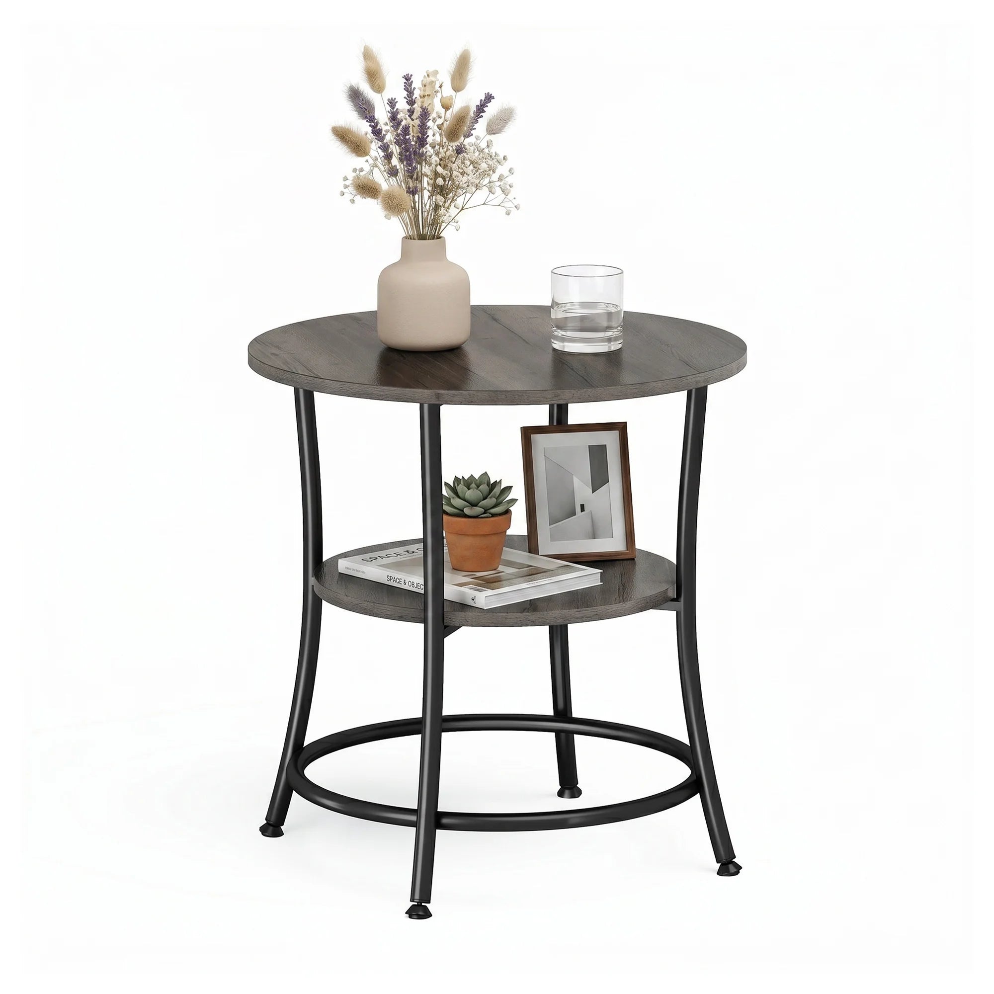 EDX 2-Tier Round Side Table Nightstand, 21.65" Diameter x 21.85" H, Steel Frame with Grey Wood Grain, for Small Living Room & Bedroom Spaces