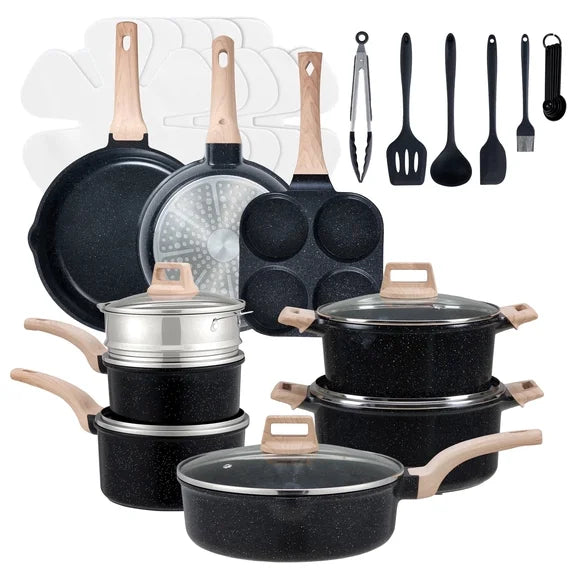 Edx 25-Piece Non-Stick Ceramic Granite Cookware Set with Stay-Cool Handles, Induction Compatible Pots and Pans Set for Healthy Cooking