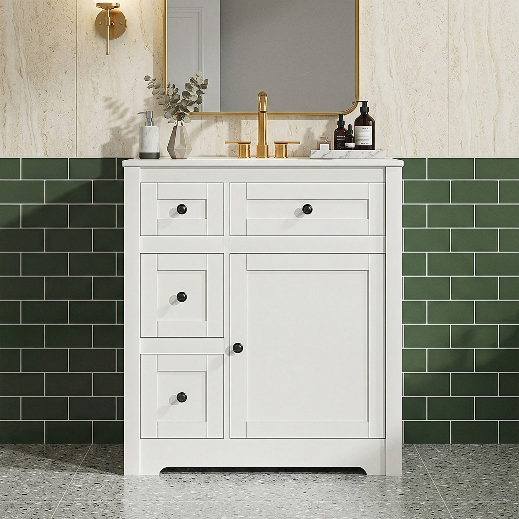 Edx Bathroom Vanity with Ceramic Sink, White Bathroom Sink Cabinet Combo, Restroom Basin Cabinet with Doors,Modern Lavatory Laundry Room Freestanding Organizer w/4-Tier-Hidden Storage