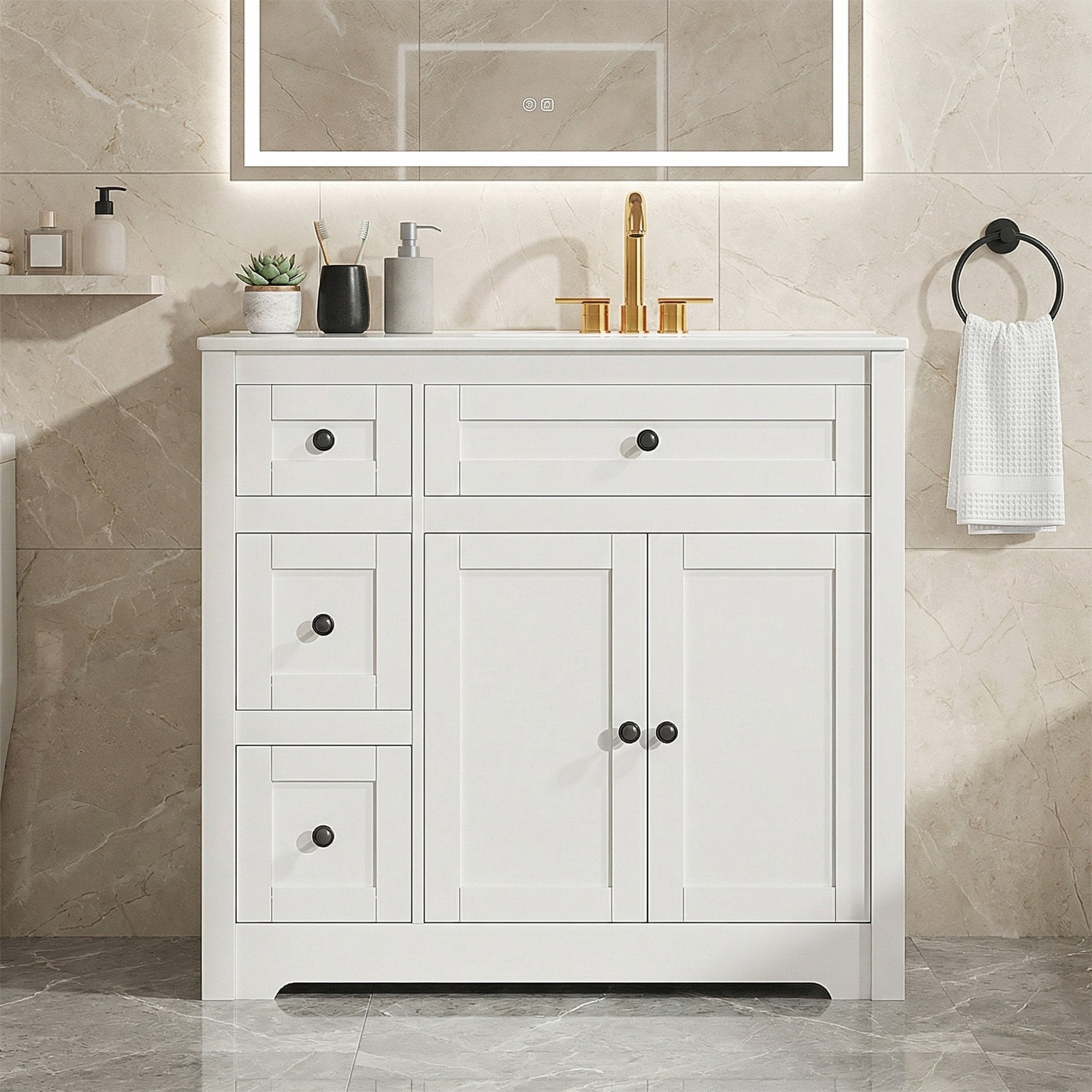 Edx Bathroom Vanity with Ceramic Sink, White Bathroom Sink Cabinet Combo, Restroom Basin Cabinet with Doors,Modern Lavatory Laundry Room Freestanding Organizer w/4-Tier-Hidden Storage