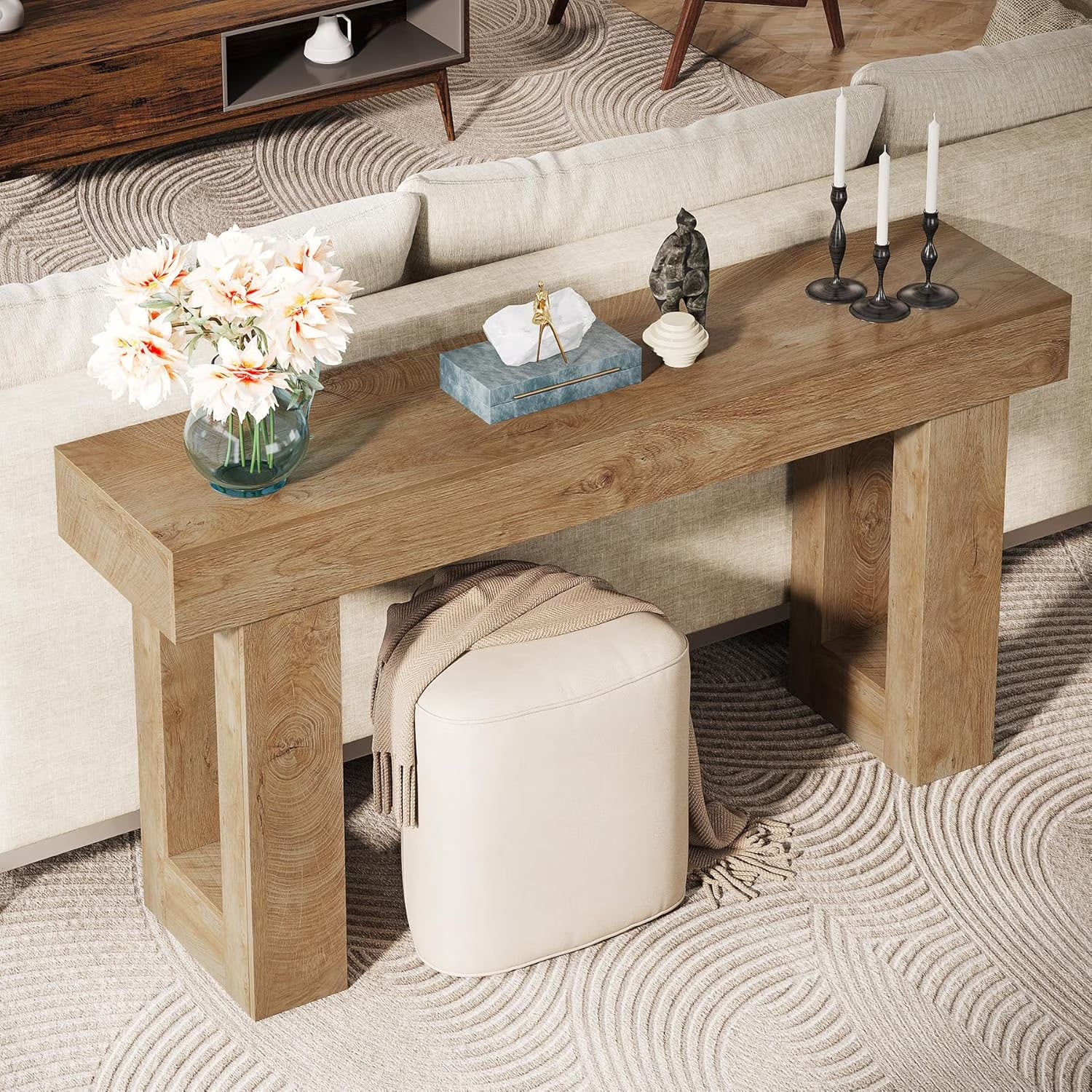 EDX 63 inch Solid Wood Farmhouse Console - Rectangular Sofa Back Design, Multi-Purpose Storage for Entryway Hallway Living Room