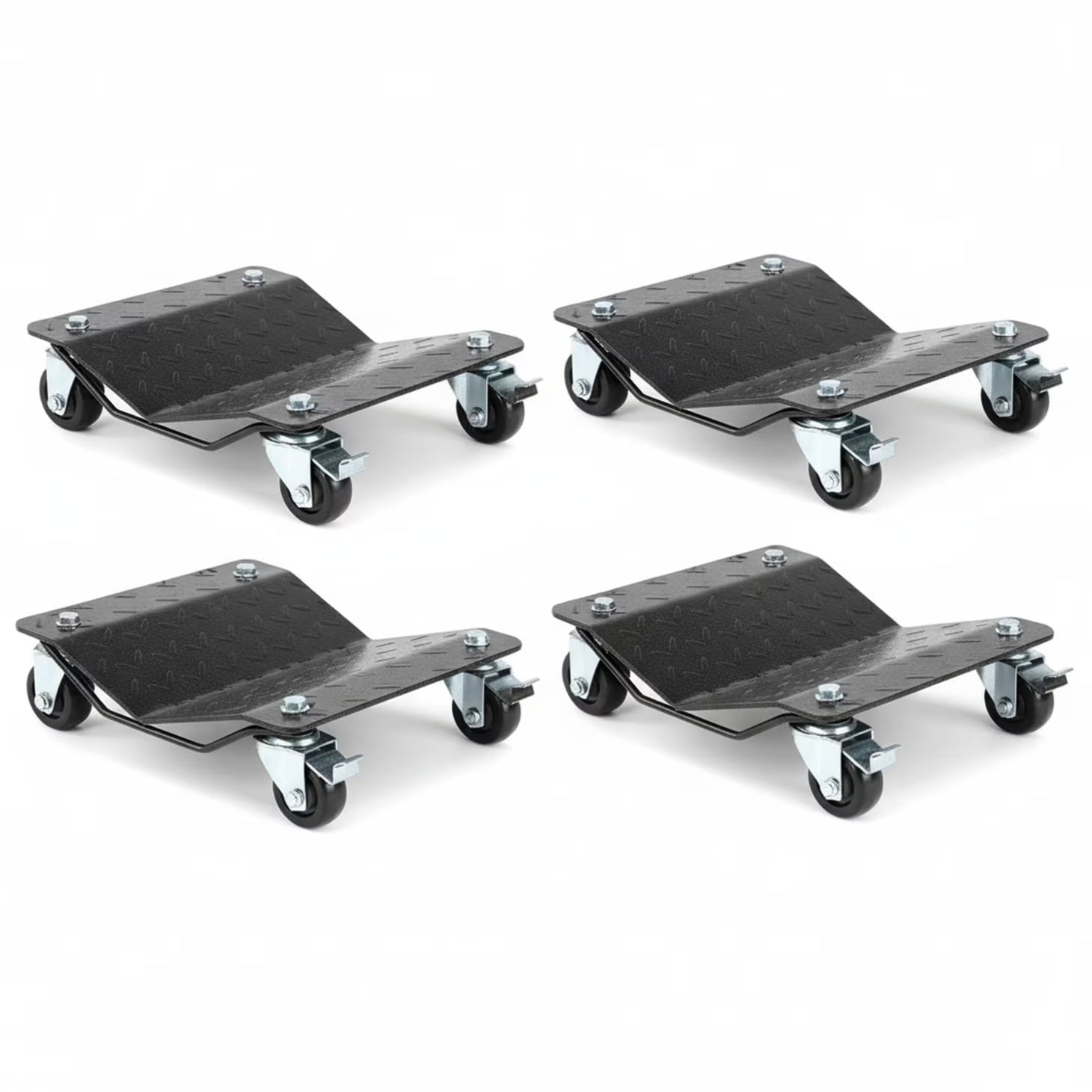Edx 4-Piece Steel Car Dolly, Heavy-Duty Wheel Movers with Brakes and Lock for Vehicle Relocation, Black