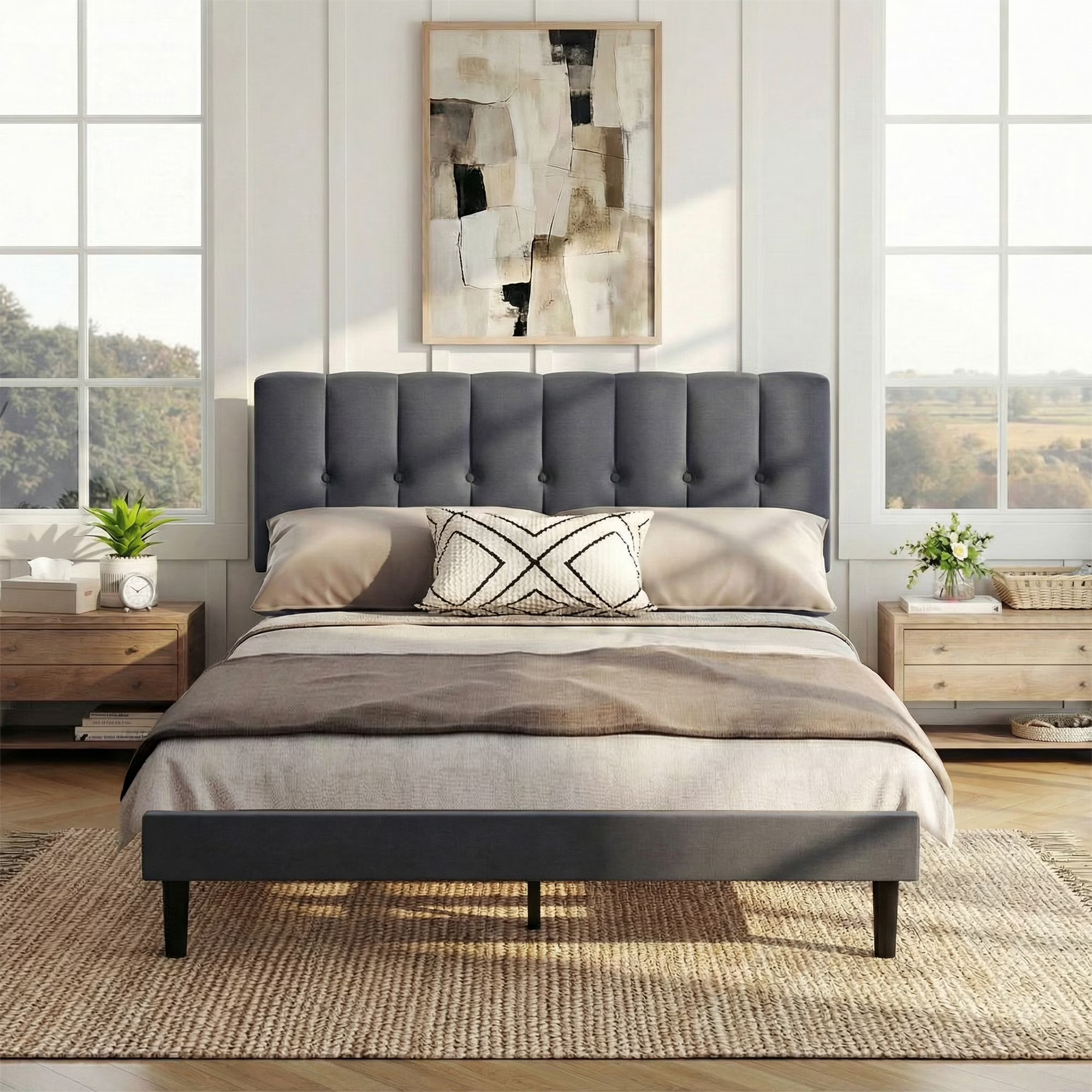 EDX Size Platform Bed Frame, Fully Upholstered Mattress Foundationwith Fabric Upholstered Headboard and Wooden Slats Support, No Box Spring Needed, Grey