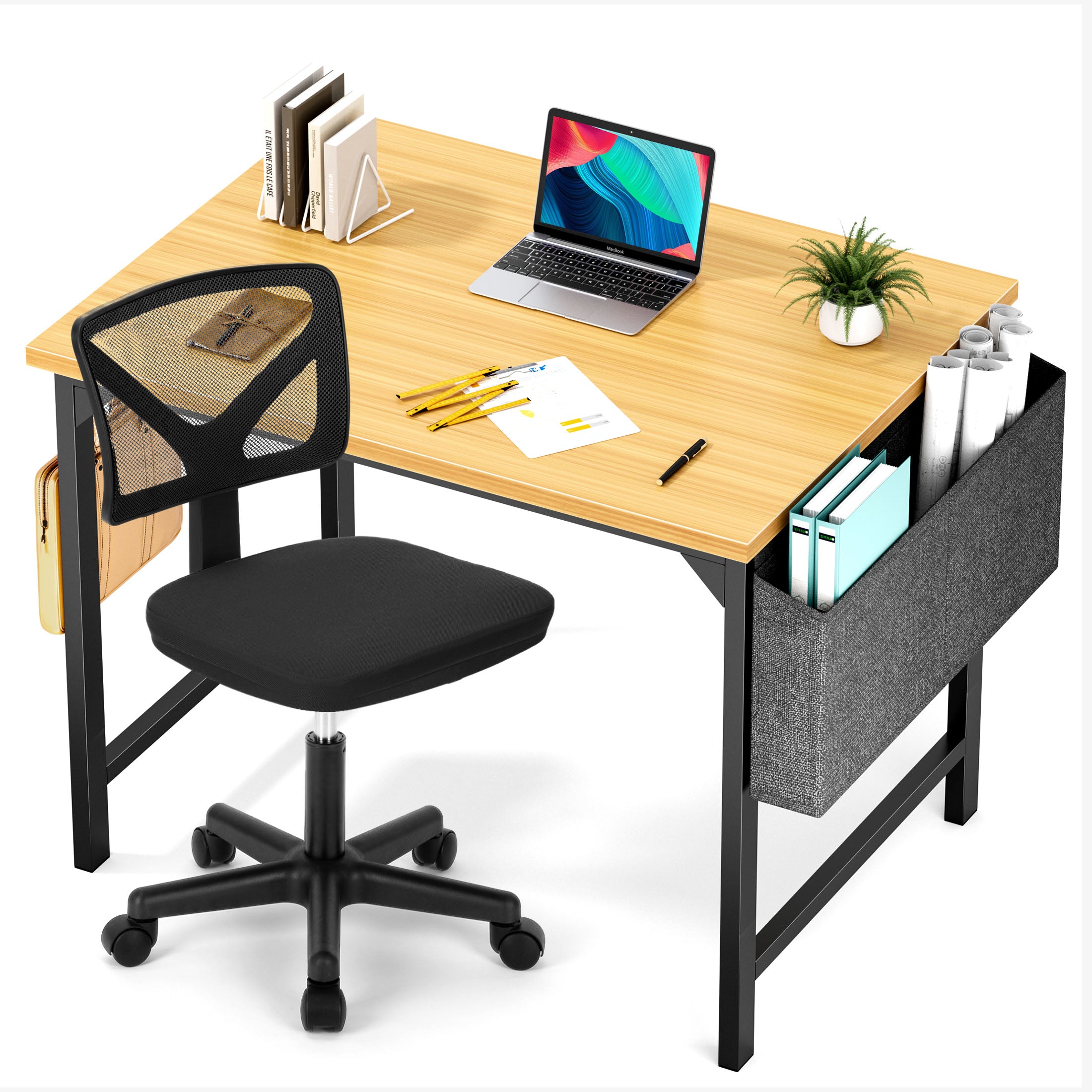 Computer Desk and Home Office Chair Set,with Storage Bag & Armless Mesh Desk Chair For Small Space