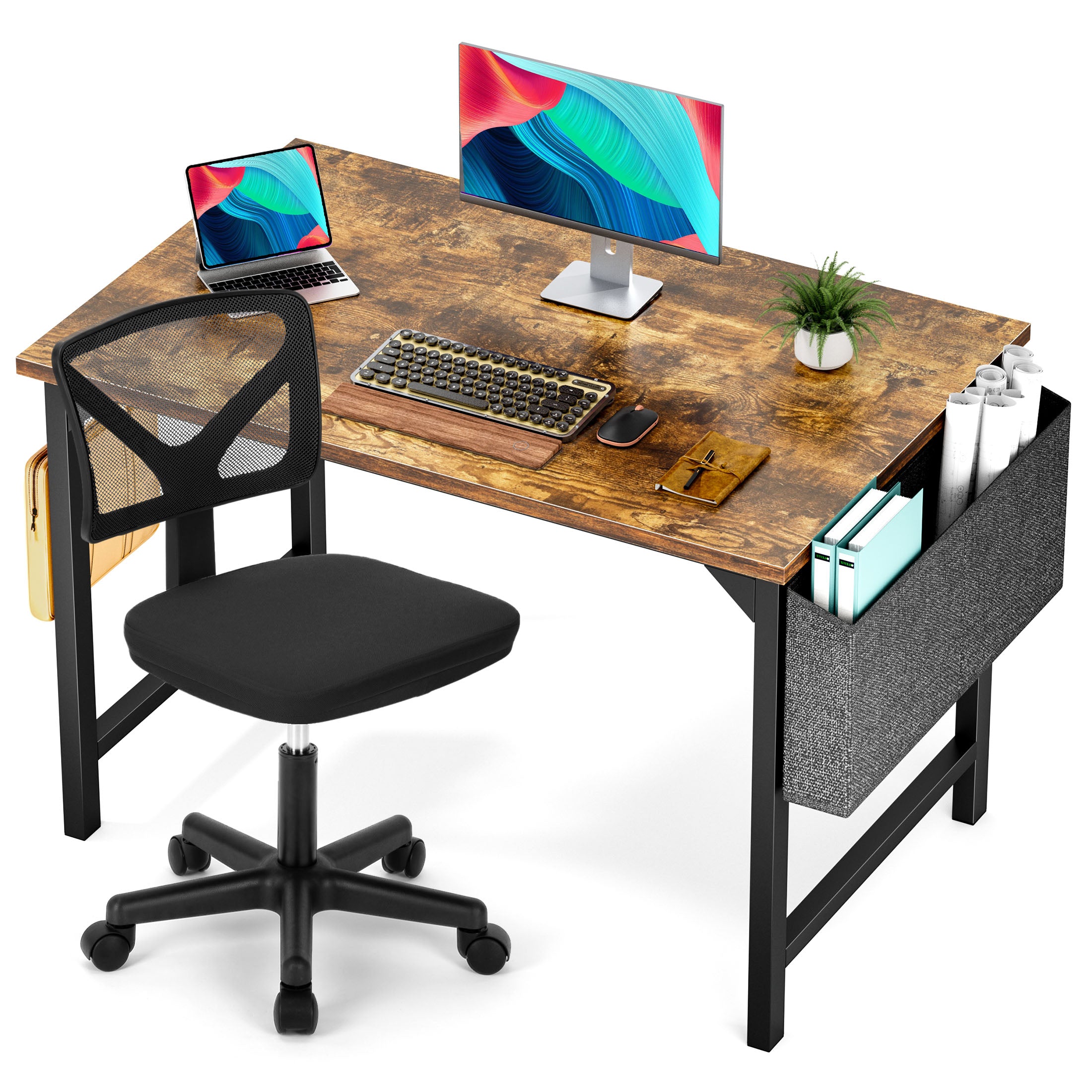 Computer Desk and Home Office Chair Set,with Storage Bag & Armless Mesh Desk Chair For Small Space