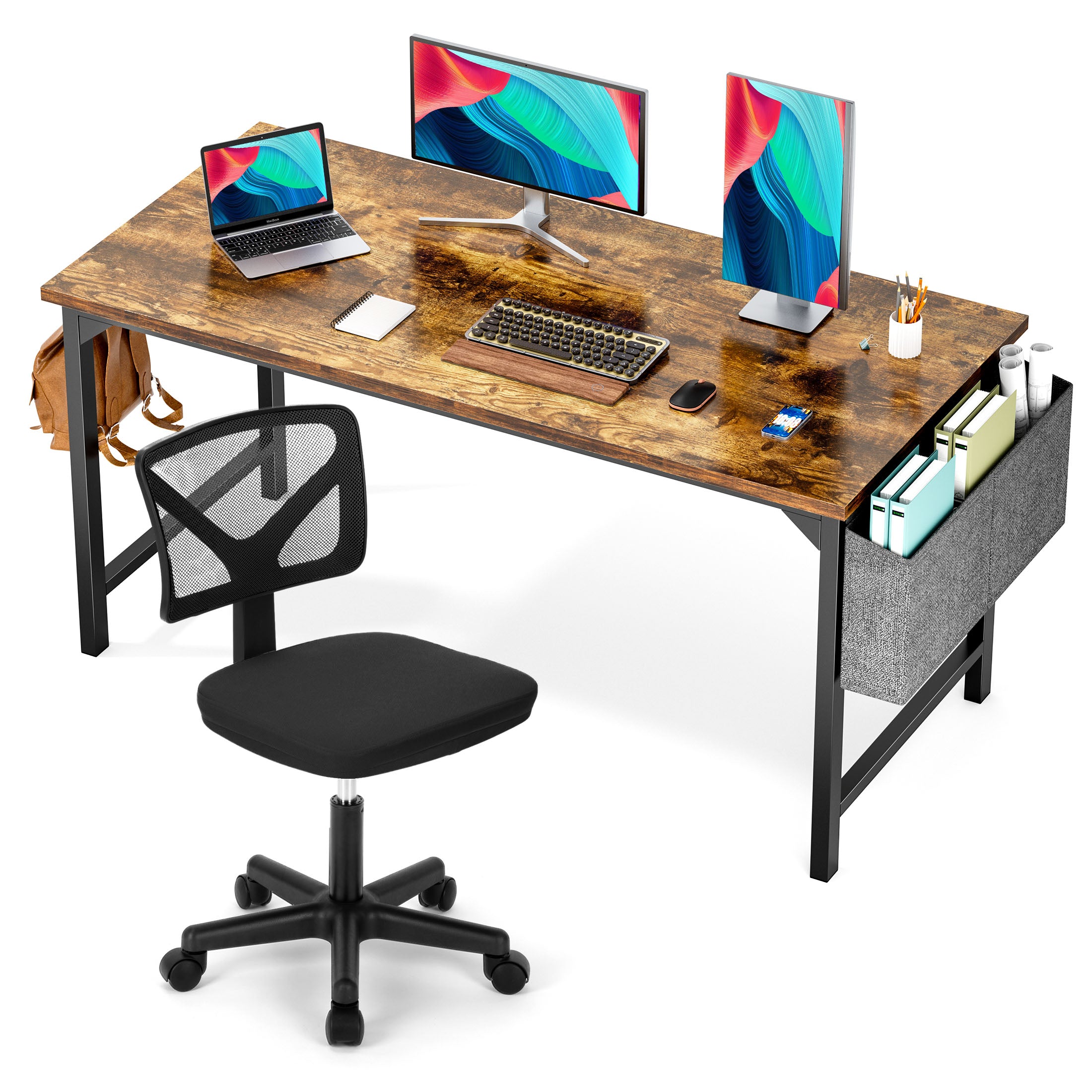 Computer Desk and Home Office Chair Set,with Storage Bag & Armless Mesh Desk Chair For Small Space