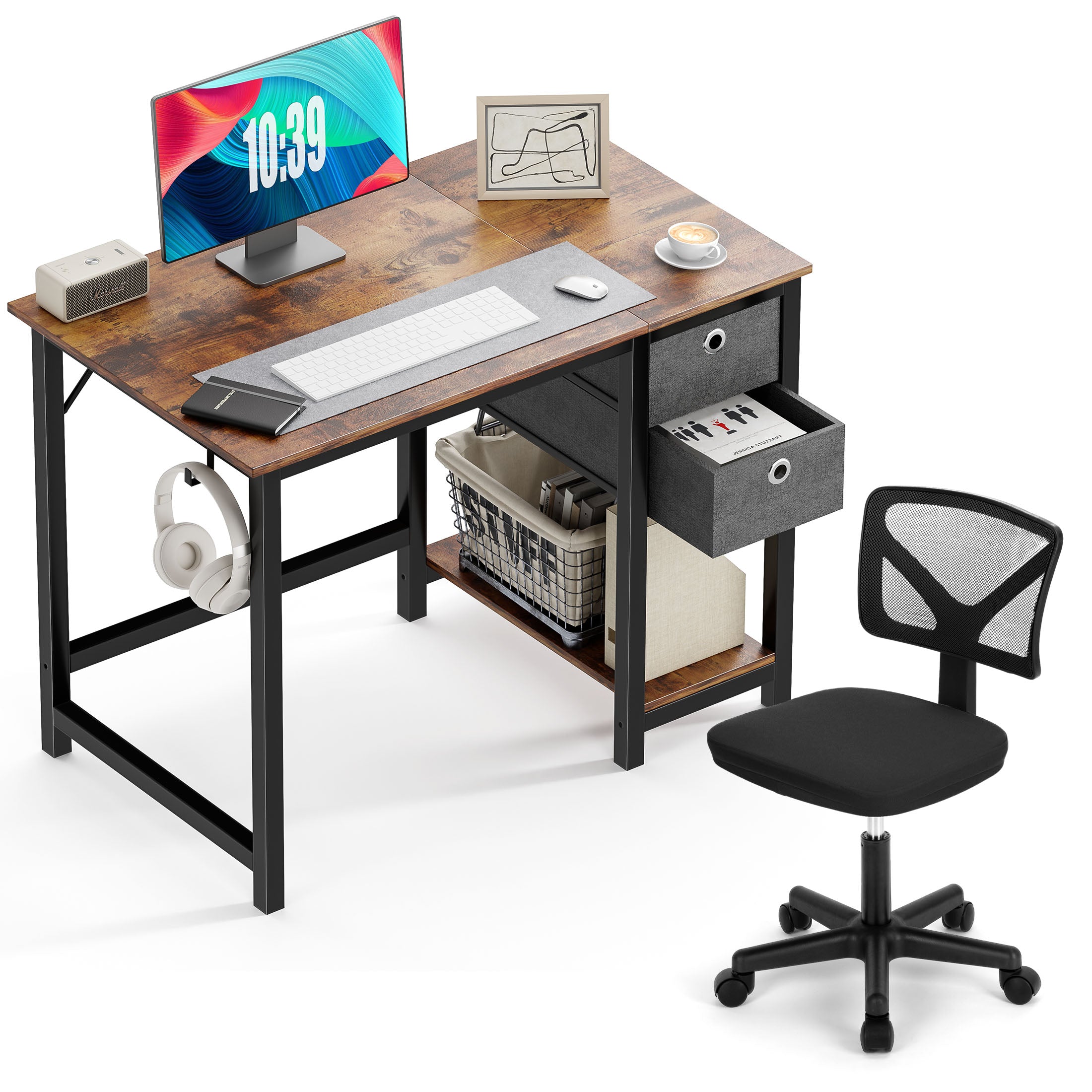 Desk and Chair Set, Computer Desk with Drawer Storage Shelf and Armless Mesh Chair for Home Office