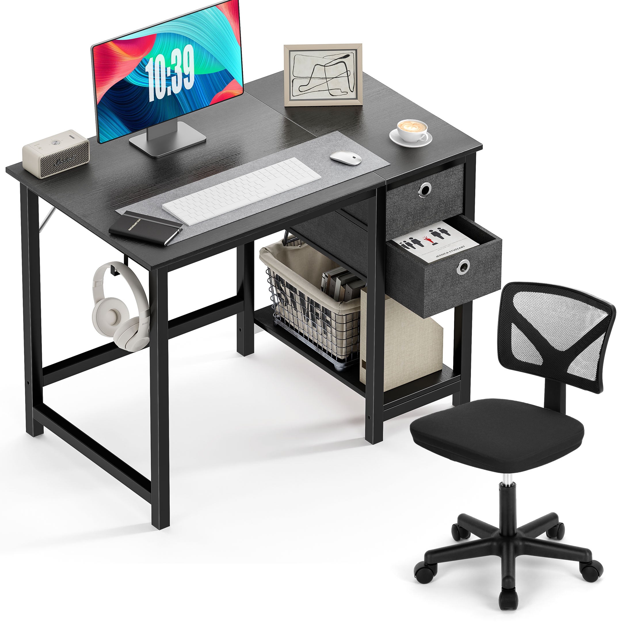 Desk and Chair Set, Computer Desk with Drawer Storage Shelf and Armless Mesh Chair for Home Office