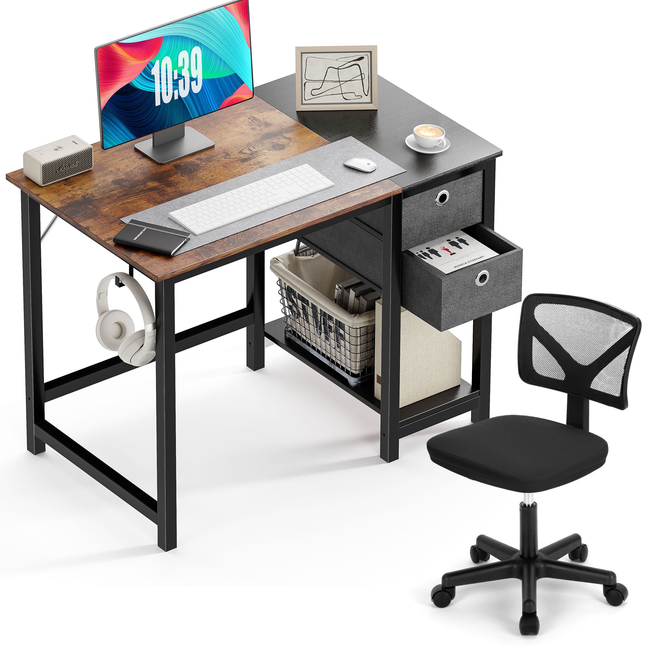 Desk and Chair Set, Computer Desk with Drawer Storage Shelf and Armless Mesh Chair for Home Office