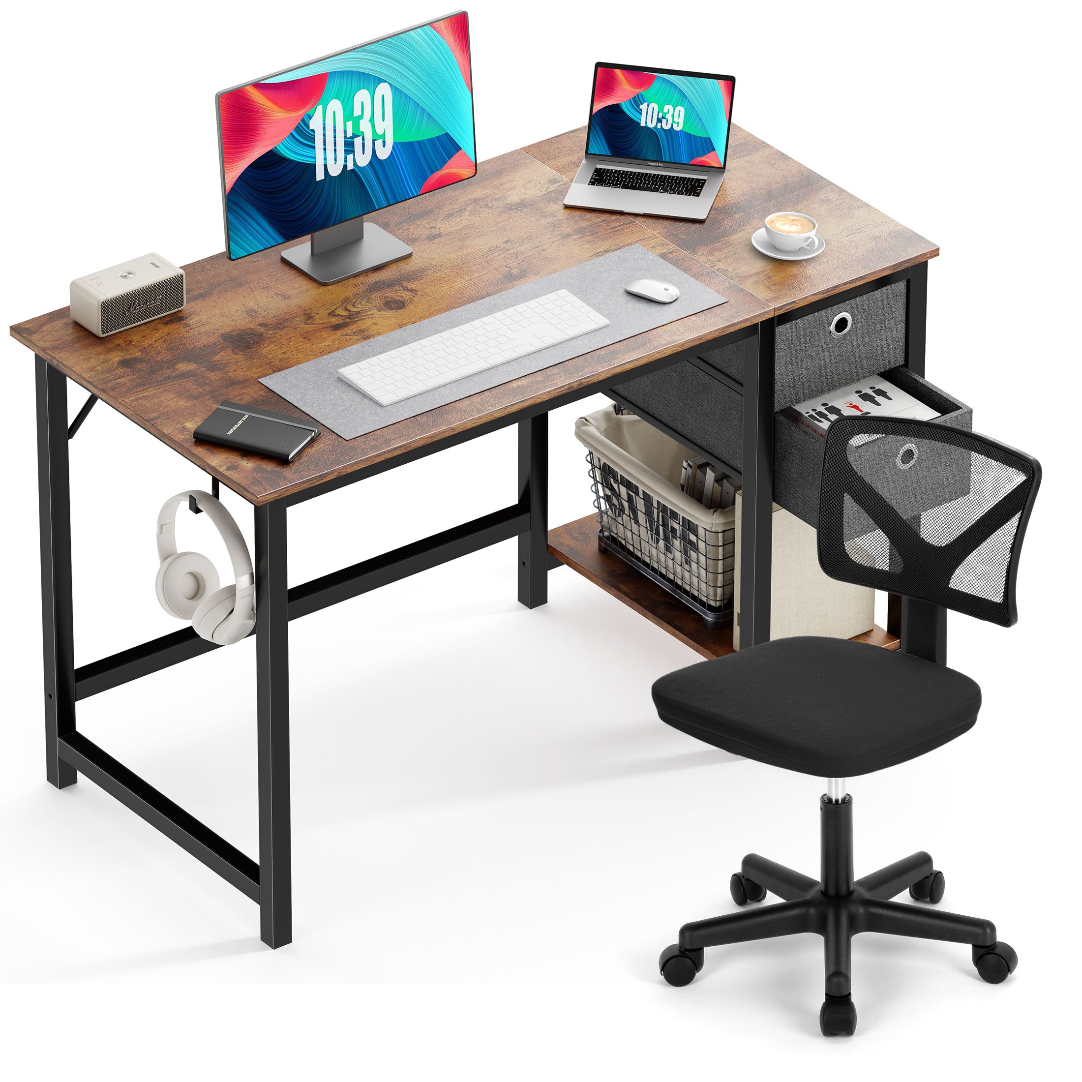 Desk and Chair Set, Computer Desk with Drawer Storage Shelf and Armless Mesh Chair for Home Office