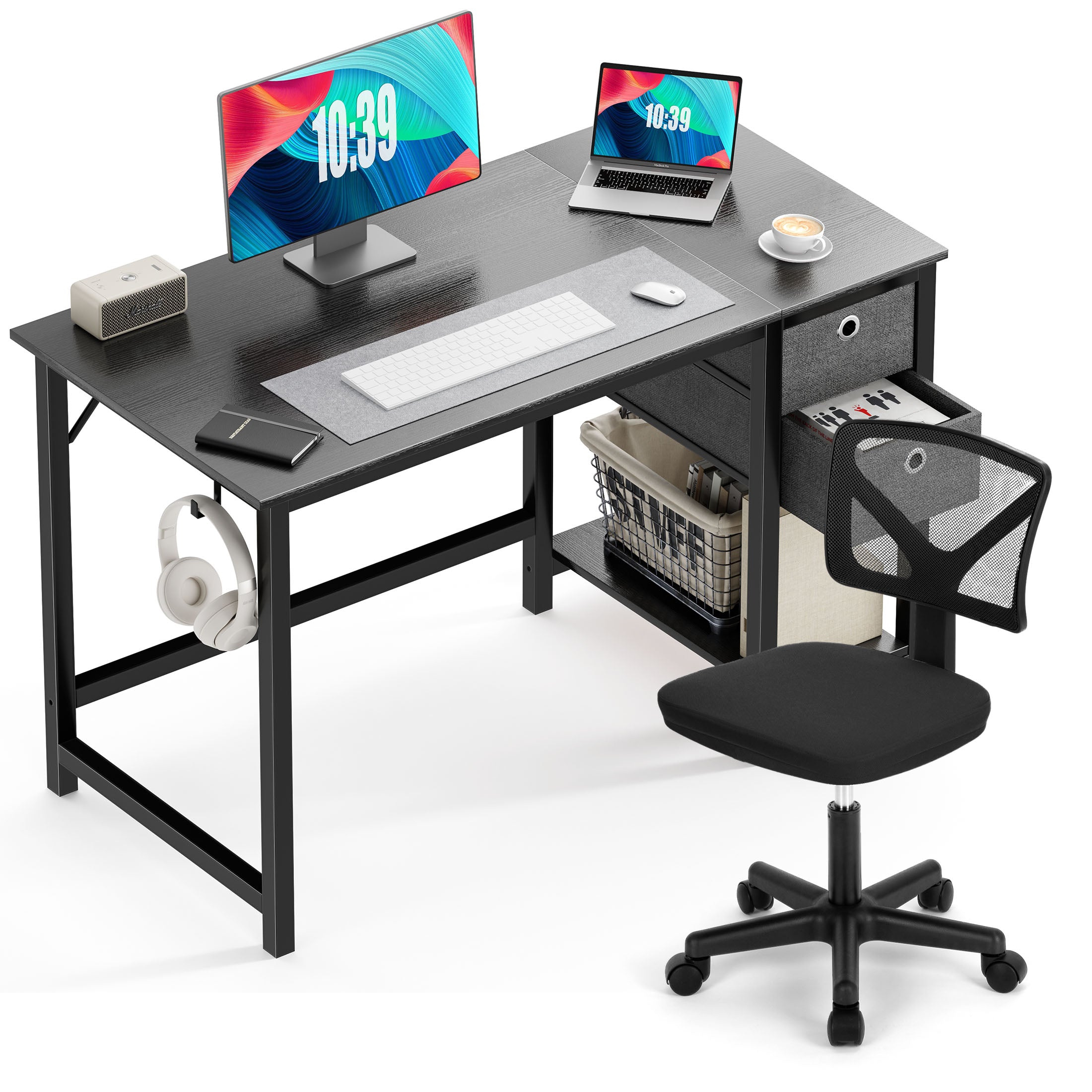 Desk and Chair Set, Computer Desk with Drawer Storage Shelf and Armless Mesh Chair for Home Office