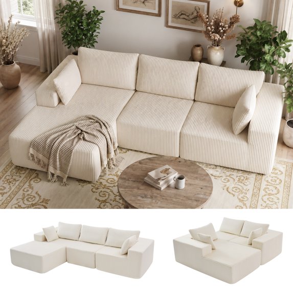 edx Convertible Sectional Sofa Comfy Fluffy 4 Seat Memory Foam, 105" Upholstered Couches for Living Room Bedroom