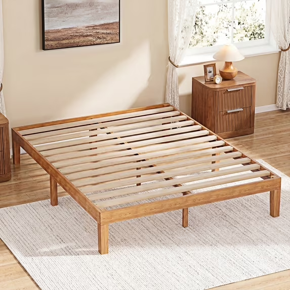 ZUNMOS 12 IN Size Solid Wood Bed Frame with Wood Slat Support, Sturdy, No Box Spring Needed, Natural Pine