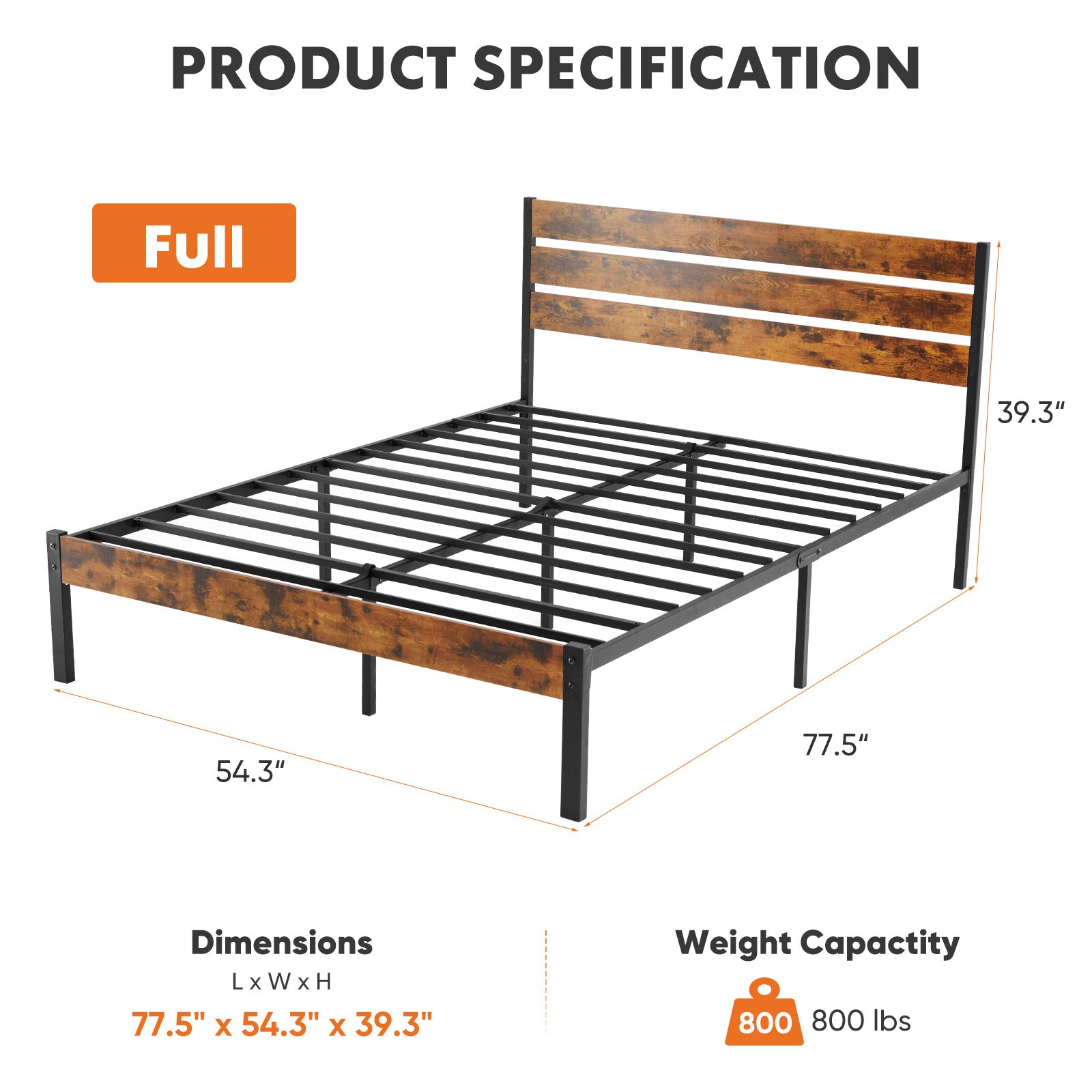 Metal Bed Frame with Industrial Wooden Headboard, Ample Storage, Noise-Free Design, Sturdy Steel Slat Support, Rustic Brown