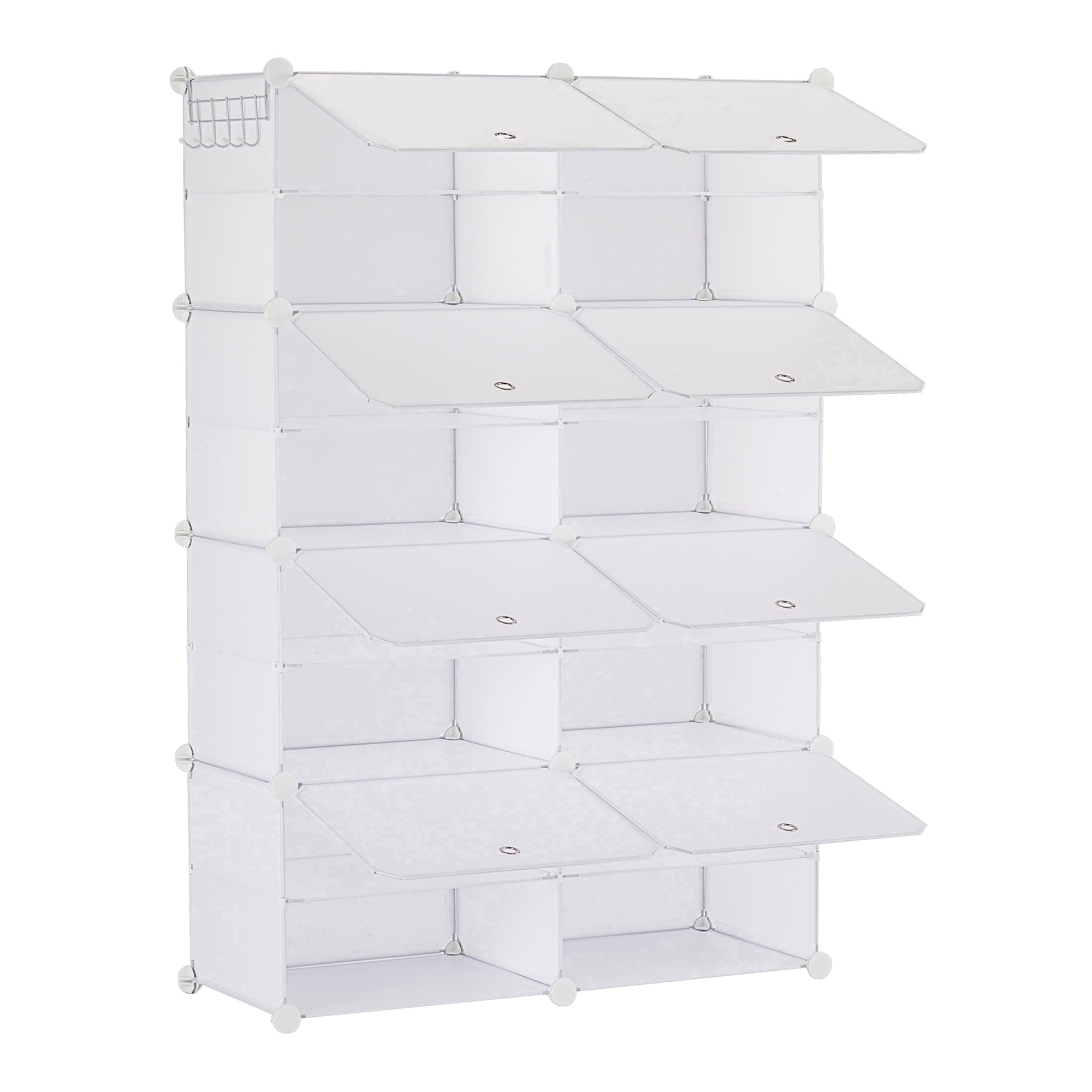 EDX 6-Tier Shoe Rack with Side Hooks, 24-Pair Capacity Sturdy Metal Frame Storage Organizer, White and Black Plastic Panel Shelf for Entryway, Bedroom, and Dressing Room