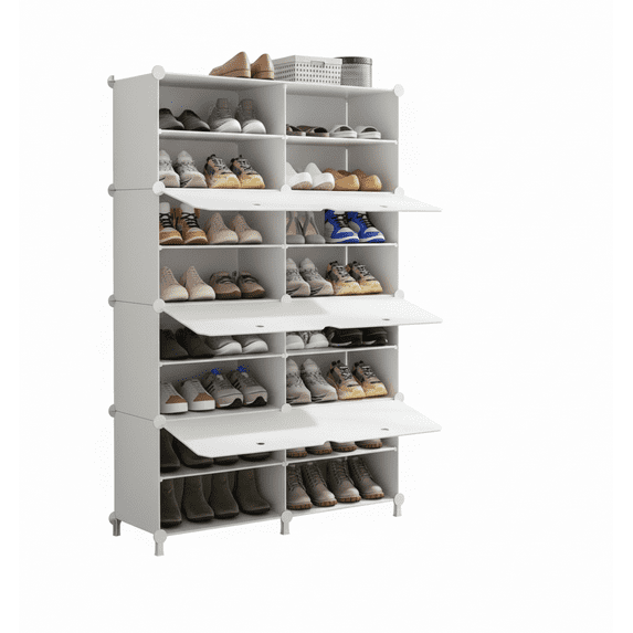 EDX 6-Tier Shoe Rack with Side Hooks, 24-Pair Capacity Sturdy Metal Frame Storage Organizer, White and Black Plastic Panel Shelf for Entryway, Bedroom, and Dressing Room