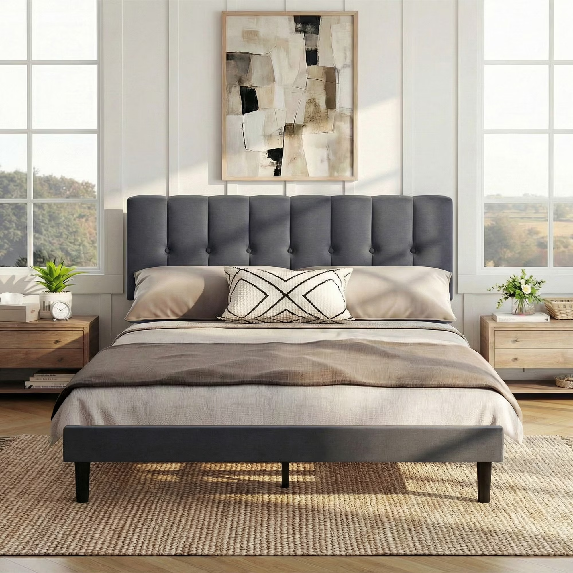 EDX Size Platform Bed Frame, Fully Upholstered Mattress Foundationwith Fabric Upholstered Headboard and Wooden Slats Support, No Box Spring Needed, Grey