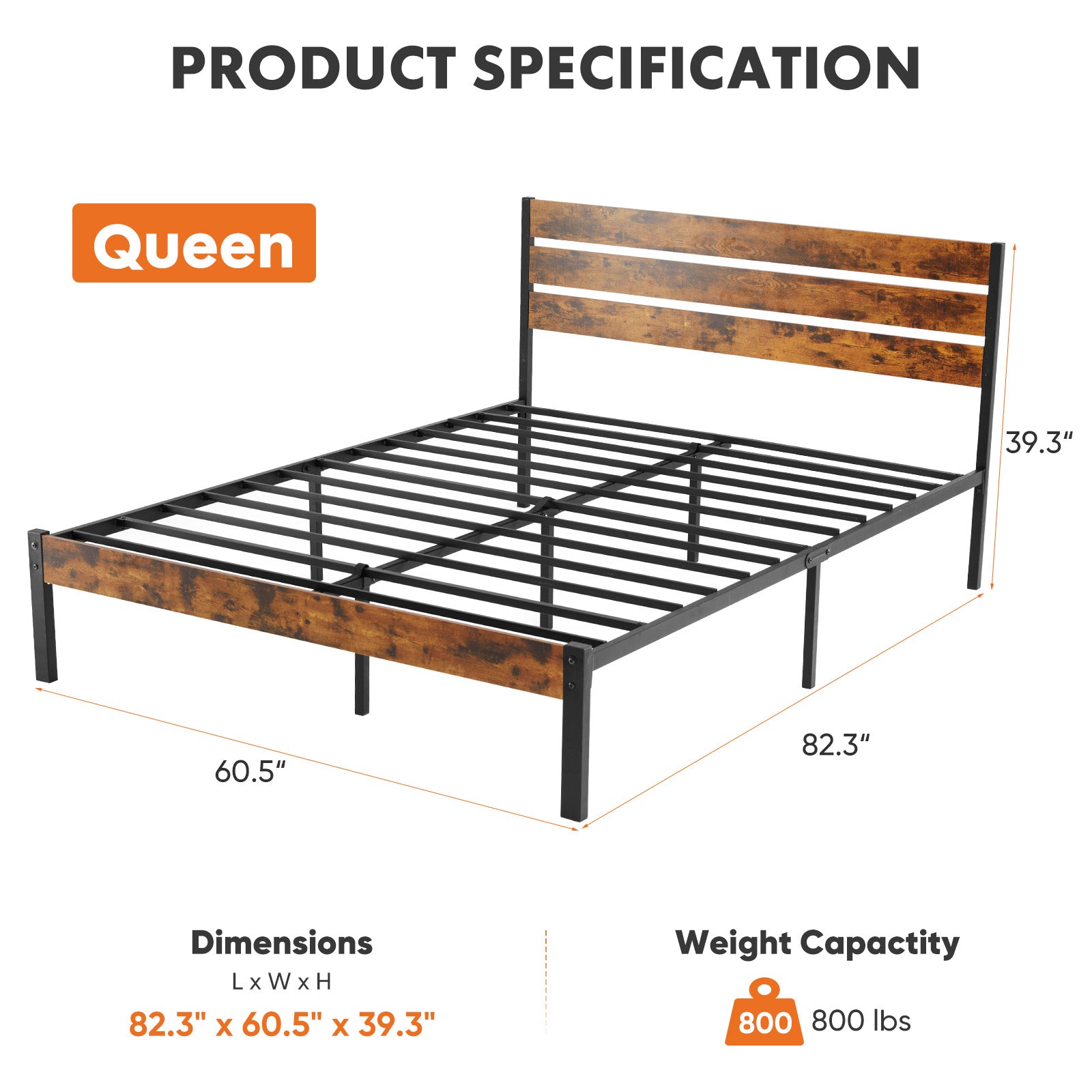 Metal Bed Frame with Industrial Wooden Headboard, Ample Storage, Noise-Free Design, Sturdy Steel Slat Support, Rustic Brown