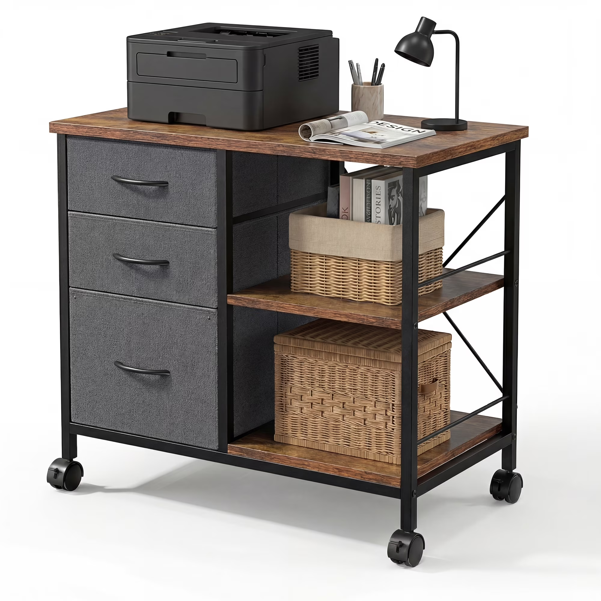 EDX 3 Drawer Mobile File Cabinet, Rolling Storage Cabinet with Open Storage Shelf, Fabric Lateral Filing Cabinet for Home Office
