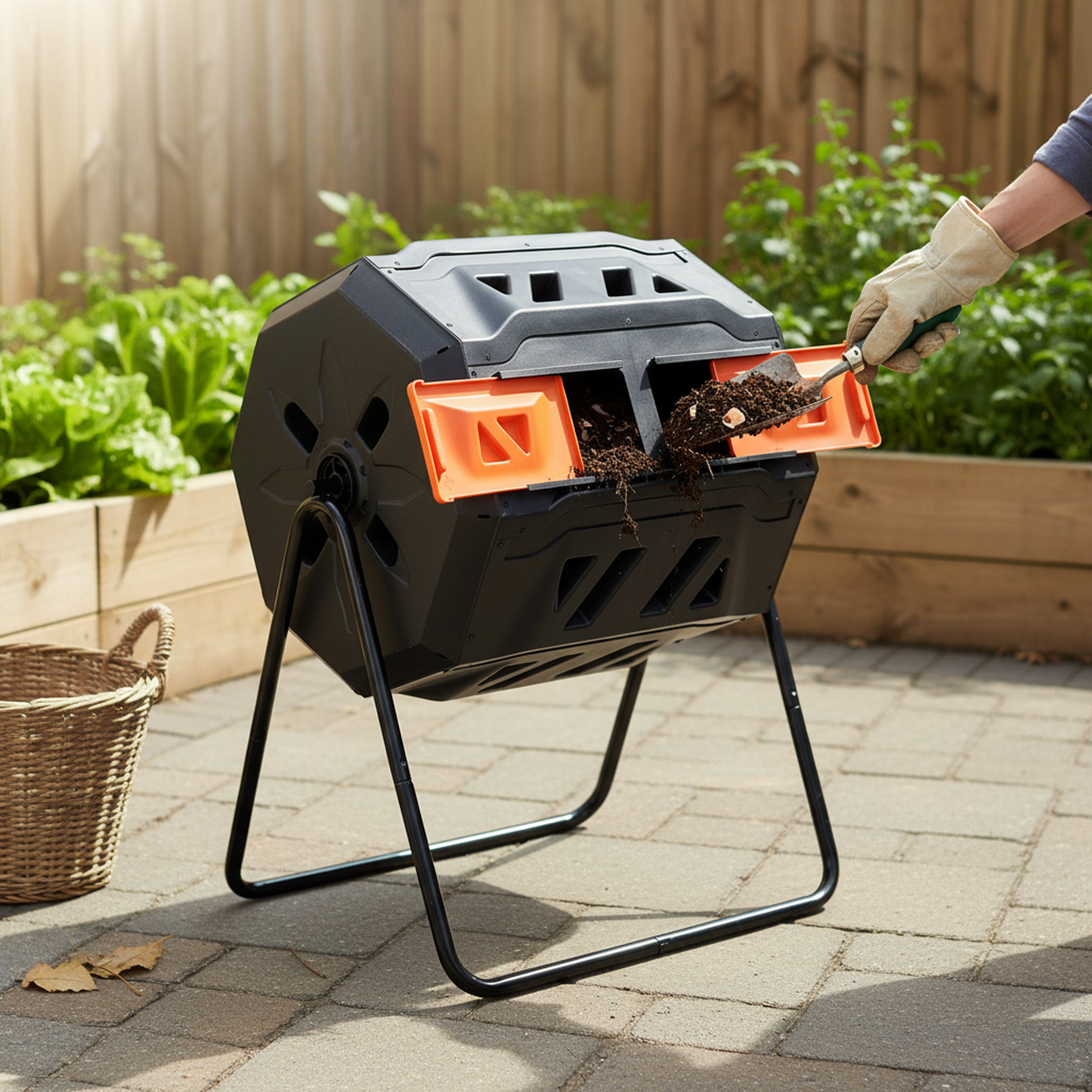 edx Compost Bin, 43 Gallon Dual Chamber Tumbling with Sliding Doors for Outdoor Garden